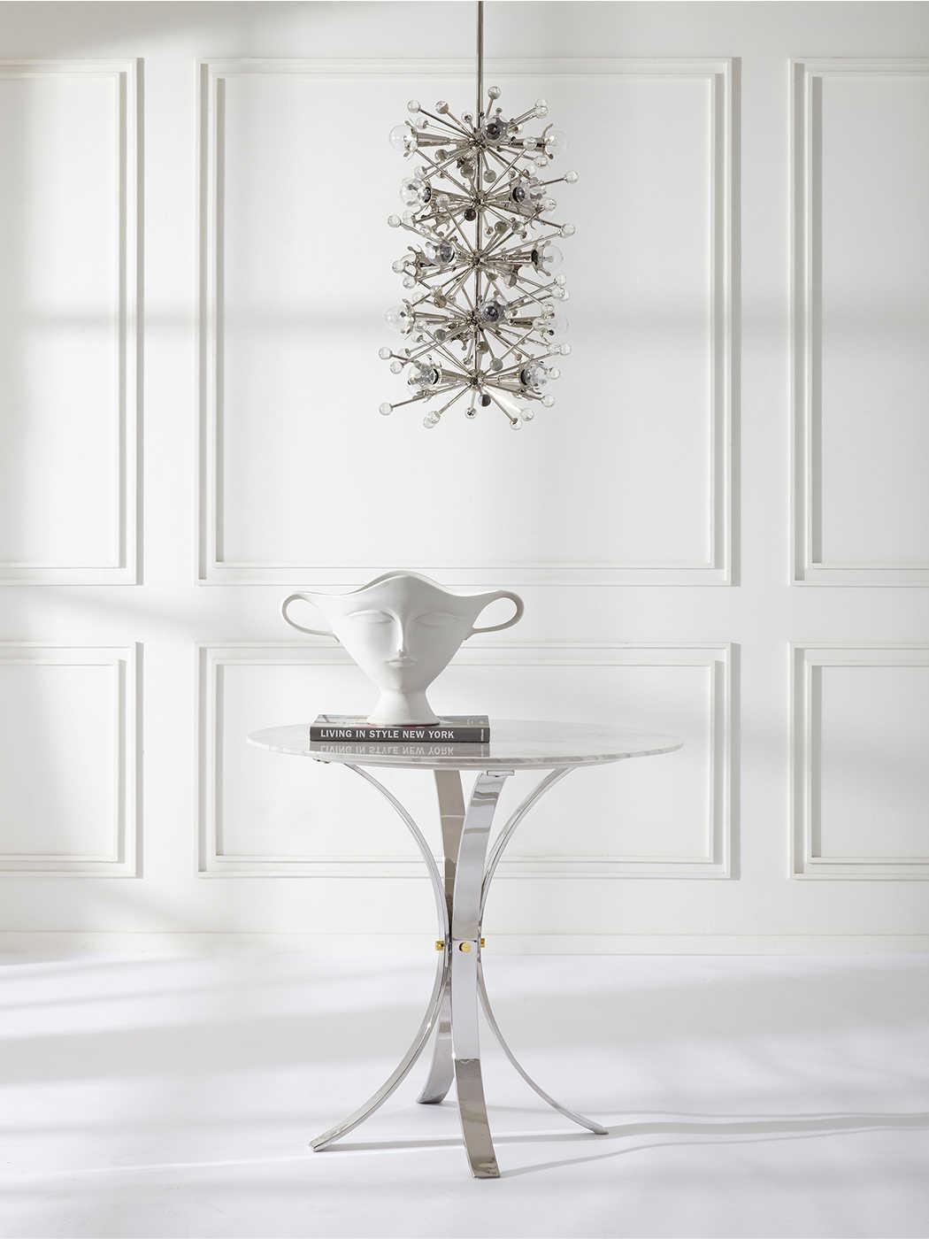 Jonathan Adler Electrum Round White Marble Polished Nickel Dining Table