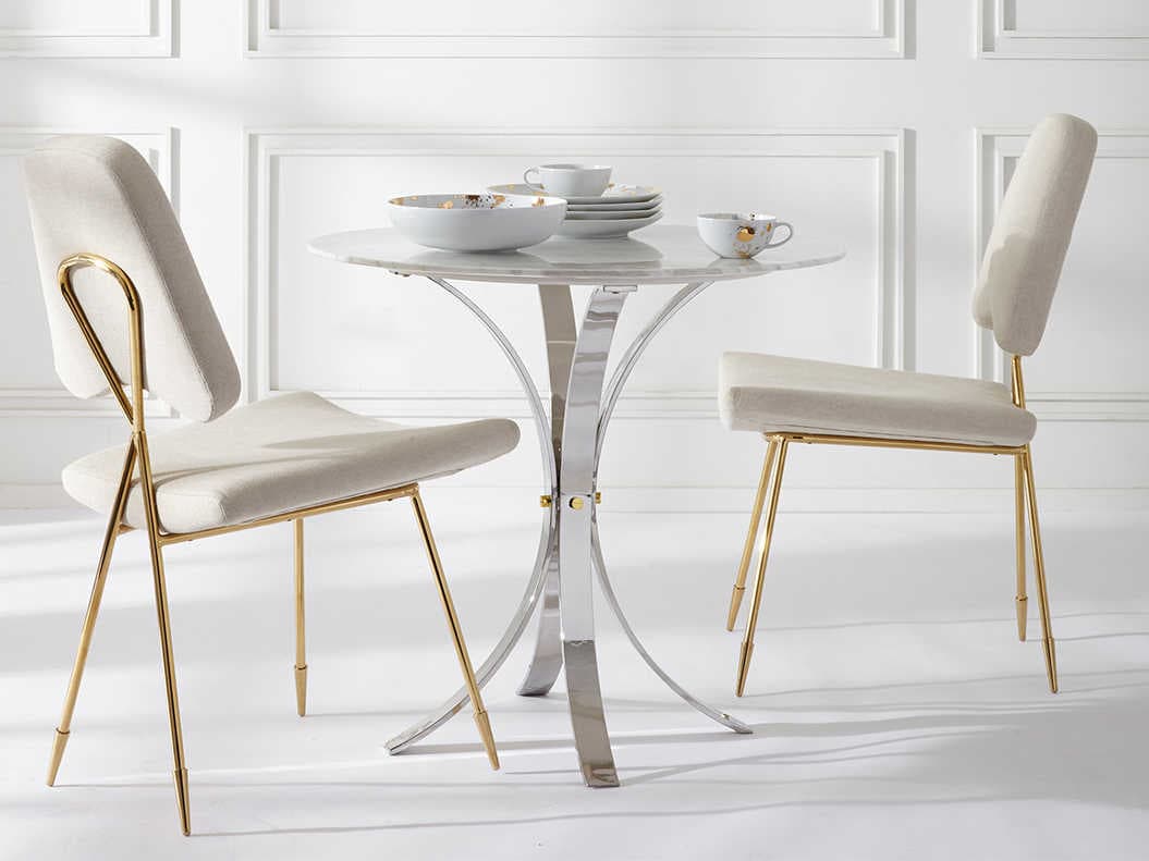 Jonathan Adler Electrum Round White Marble Polished Nickel Dining Table
