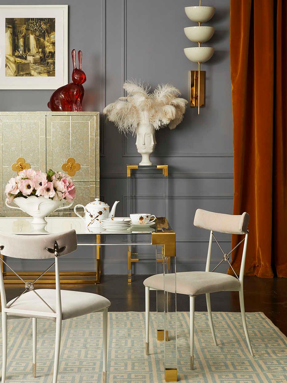 Jonathan Adler Jacques Rectangular Glass Clear Brass Dining Table