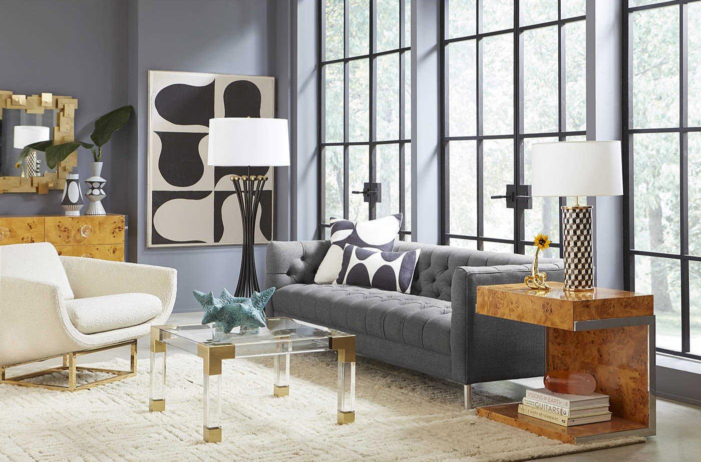 Jonathan Adler Bond Rectangular Wood Burled Mappa Stainless Steel End Table