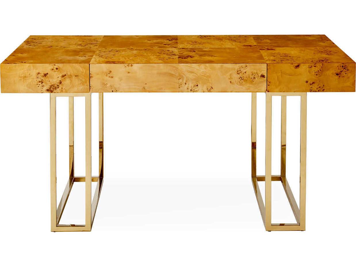 Jonathan Adler Bond Natural Burled Mappa Polished Brass Brown Maple Wood Executive Desk