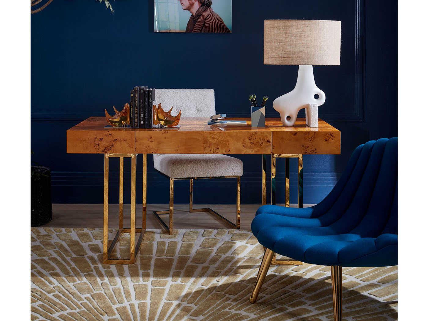 Jonathan Adler Bond Natural Burled Mappa Polished Brass Brown Maple Wood Executive Desk