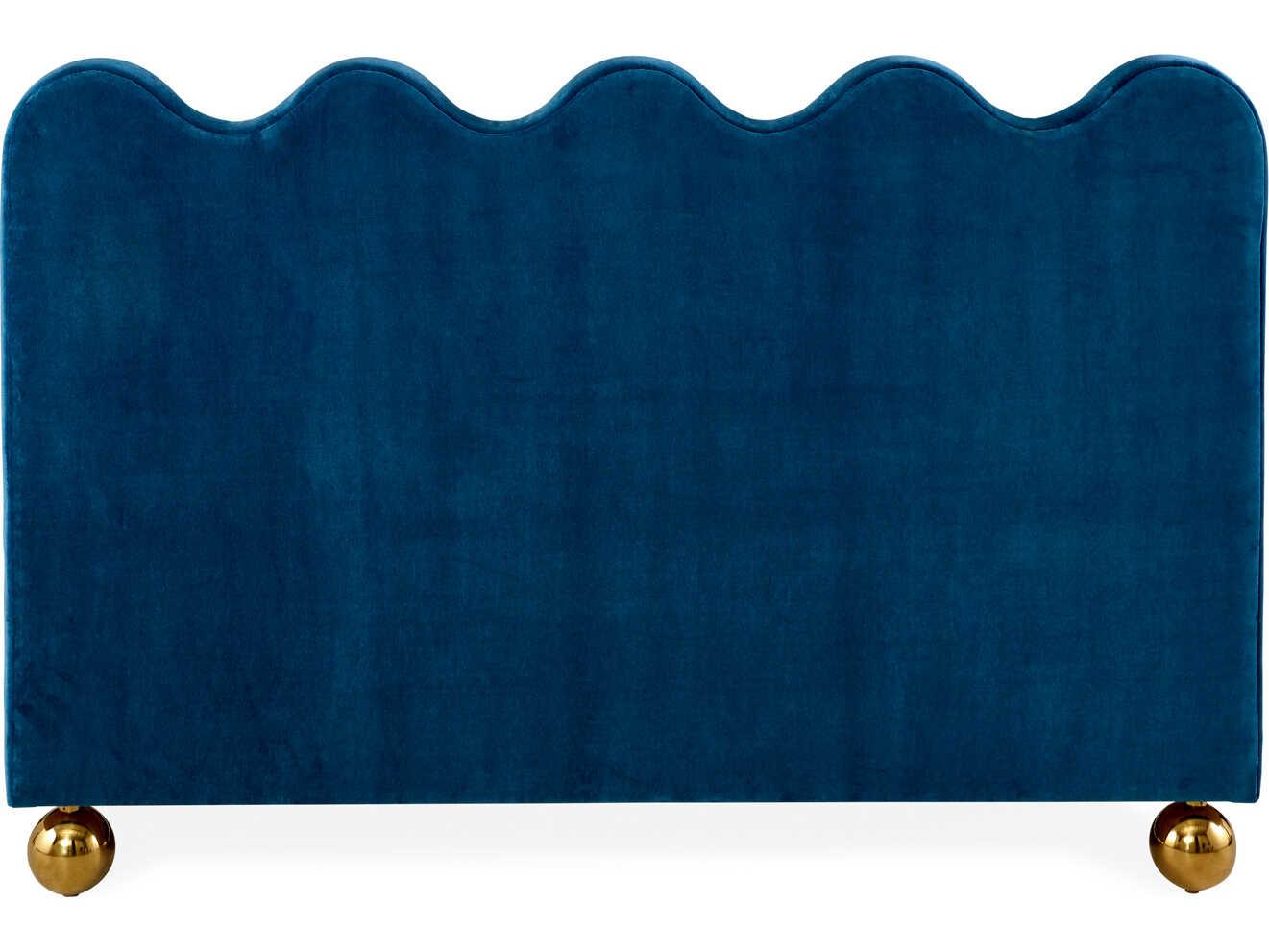 Jonathan Adler Ripple Venice Peacock Polished Brass Blue Upholstered Queen Platform Bed