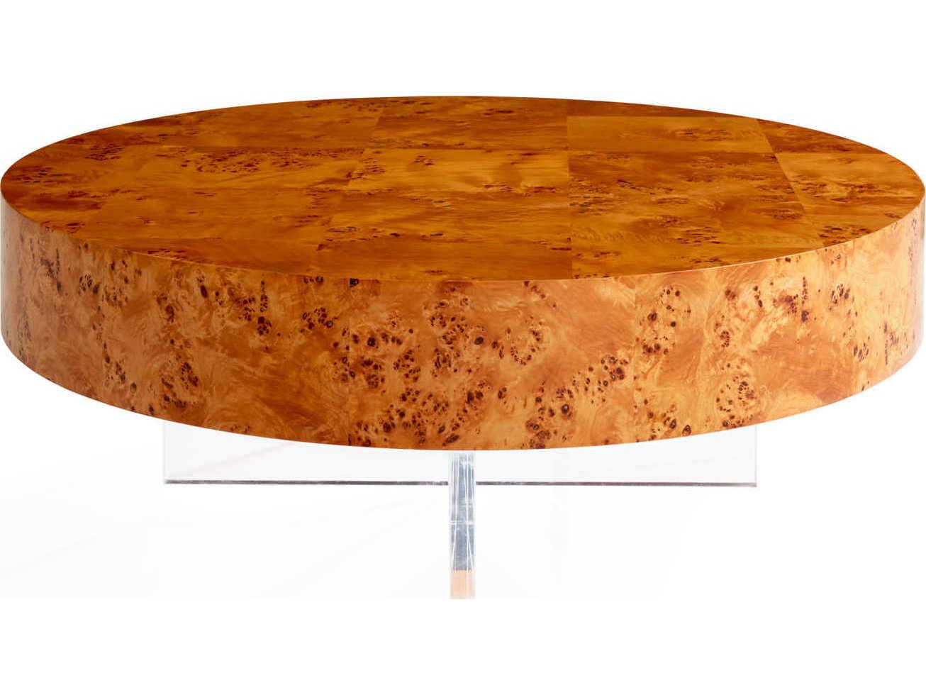 Jonathan Adler Bond Round Wood Natural Burled Mappa Clear Acrylic Coffee Table