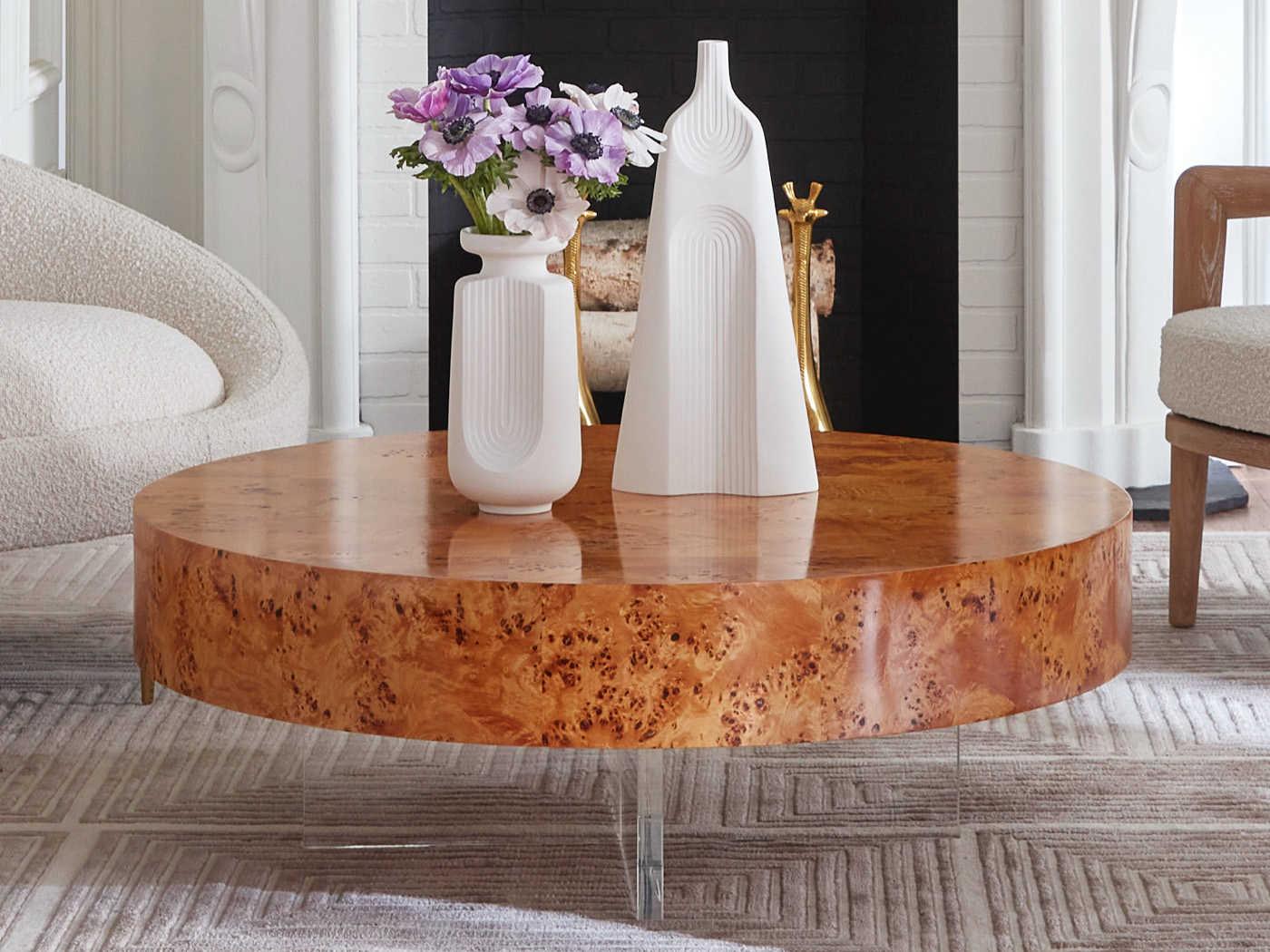 Jonathan Adler Bond Round Wood Natural Burled Mappa Clear Acrylic Coffee Table