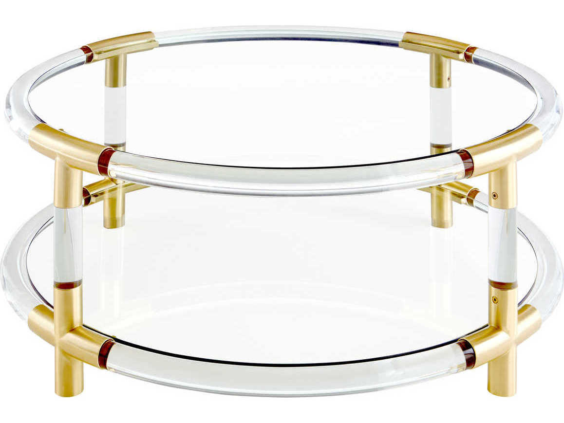 Jonathan Adler Jacques Round Glass Clear Acrylic Brushed Brass Coffee Table