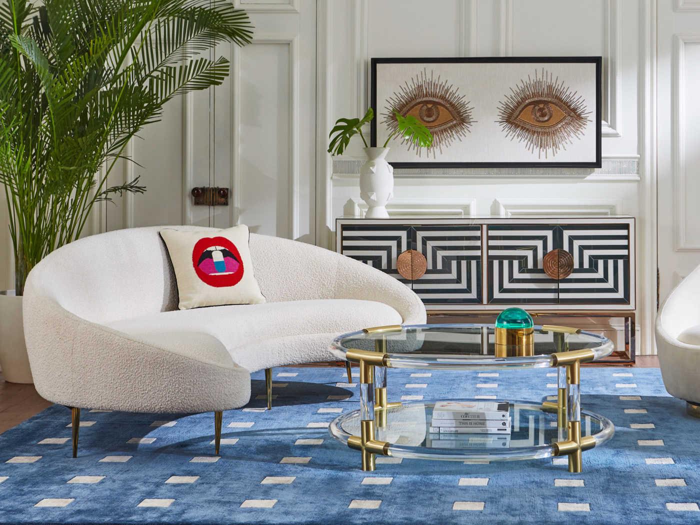 Jonathan Adler Jacques Round Glass Clear Acrylic Brushed Brass Coffee Table