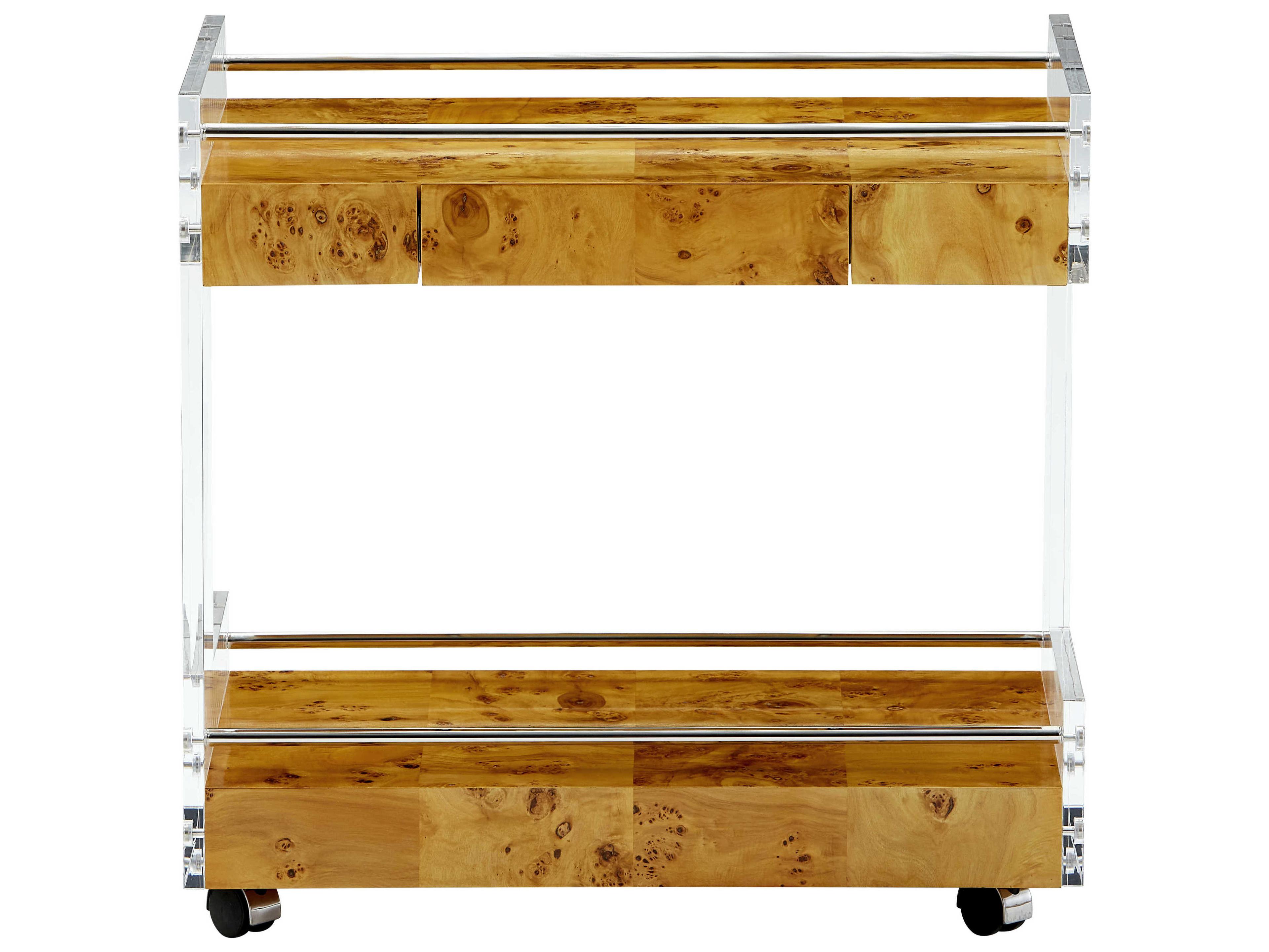 Jonathan Adler Bond Wood Brown Natural Burled Mappa Clear Acrylic Bar Cart
