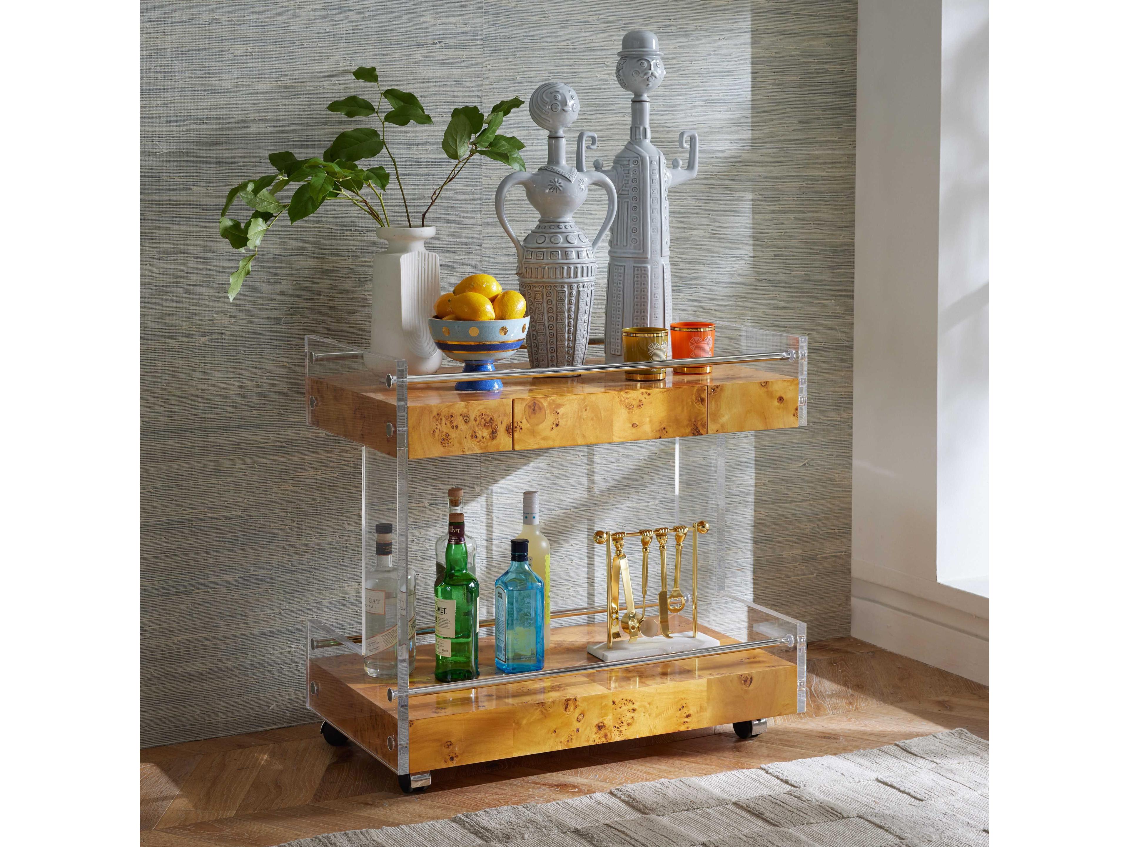 Jonathan Adler Bond Wood Brown Natural Burled Mappa Clear Acrylic Bar Cart