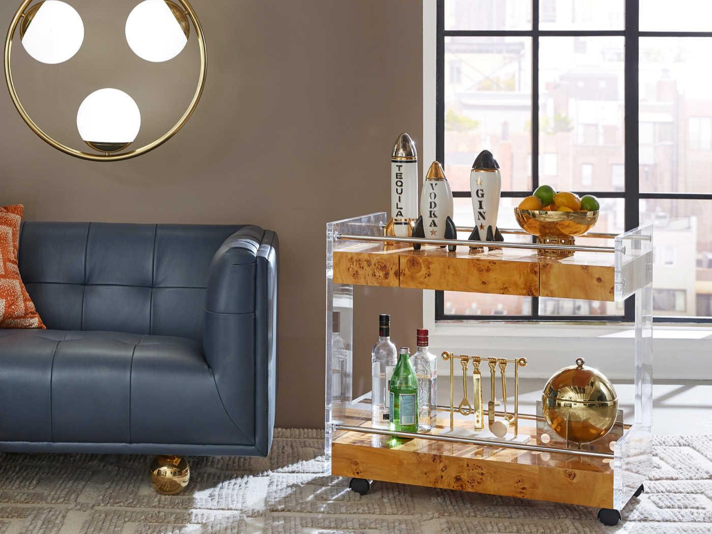 Jonathan Adler Bond Wood Brown Natural Burled Mappa Clear Acrylic Bar Cart