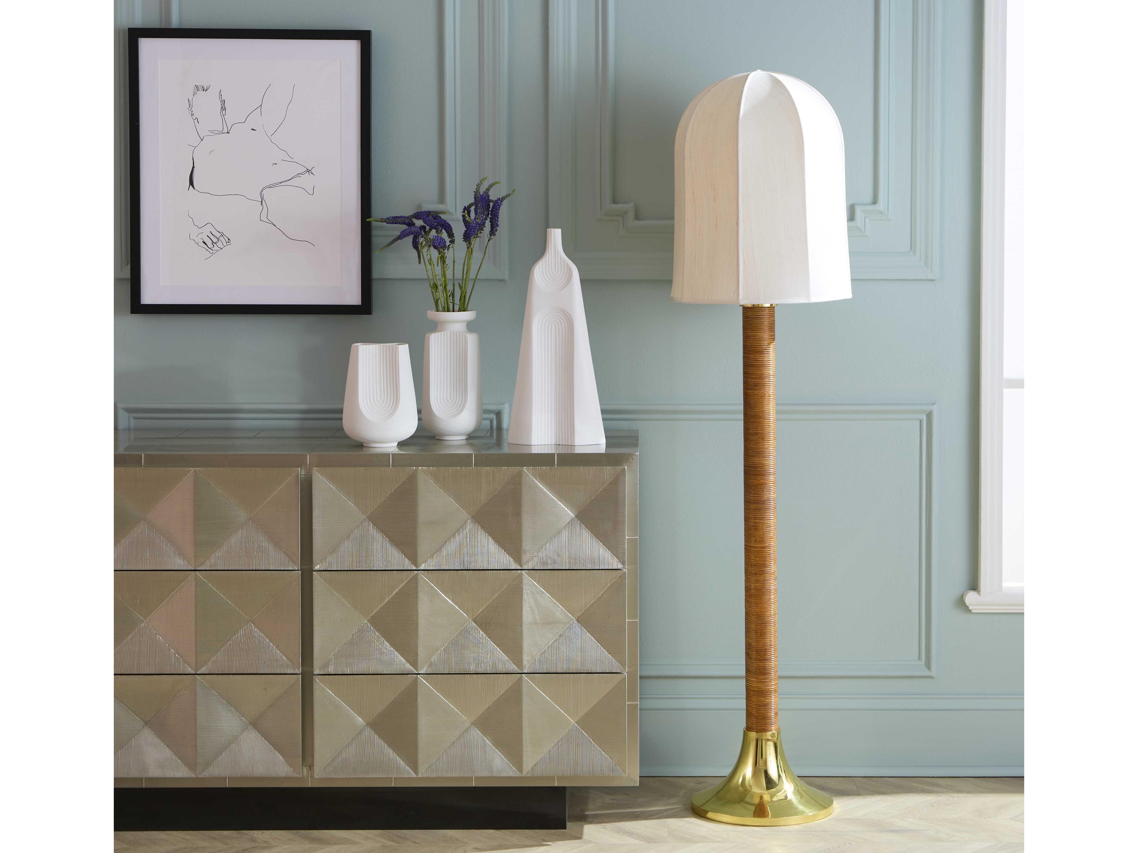 Jonathan Adler Riviera Dome Honey Stain Rattan Antique Brass Floor Lamp