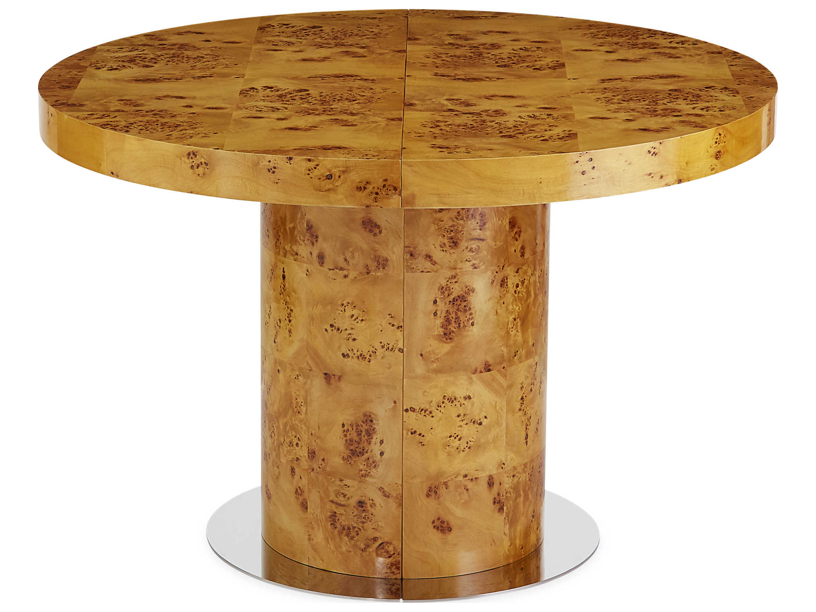 Jonathan Adler Bond Extension Extendable Round Wood Natural Burled Mappa Polished Nickel Dining Table