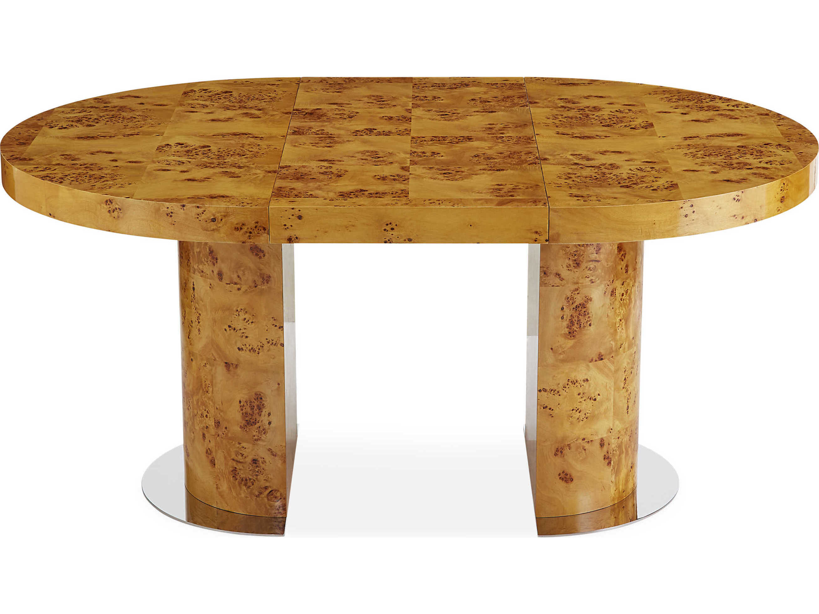 Jonathan Adler Bond Extension Extendable Round Wood Natural Burled Mappa Polished Nickel Dining Table