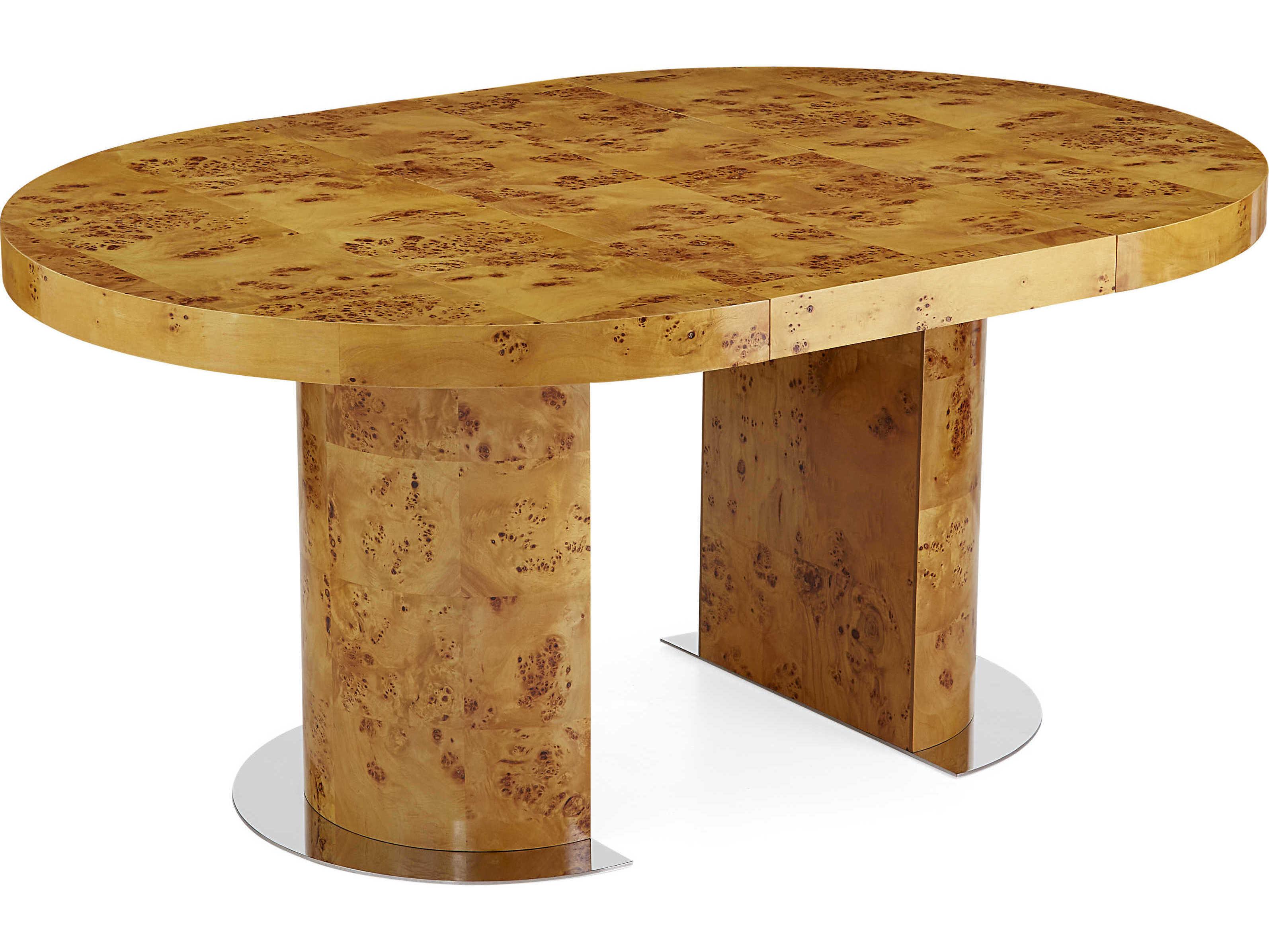 Jonathan Adler Bond Extension Extendable Round Wood Natural Burled Mappa Polished Nickel Dining Table