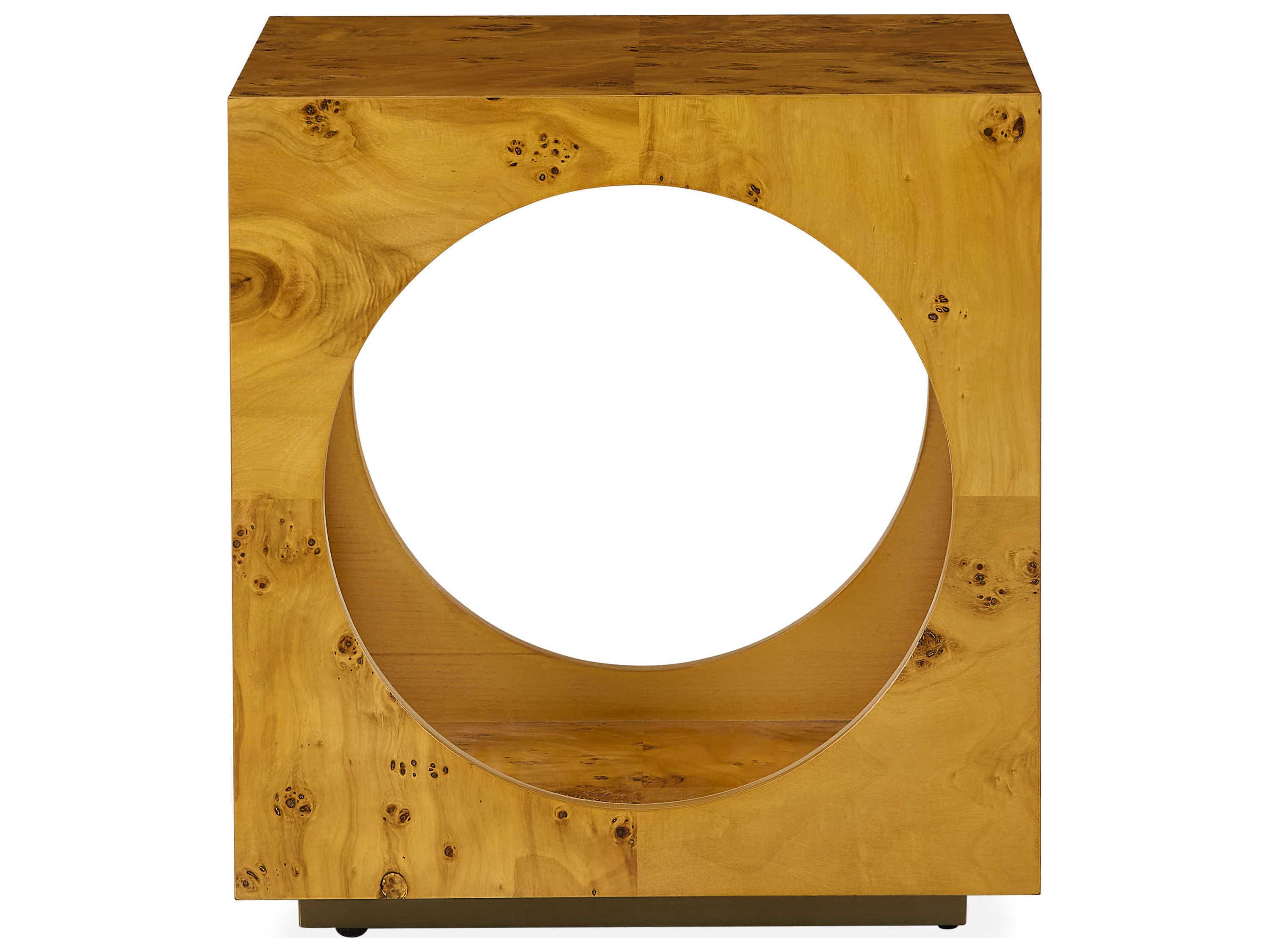 Jonathan Adler Bond Cube Square Wood Natural Burled Mappa Antique Brass End Table