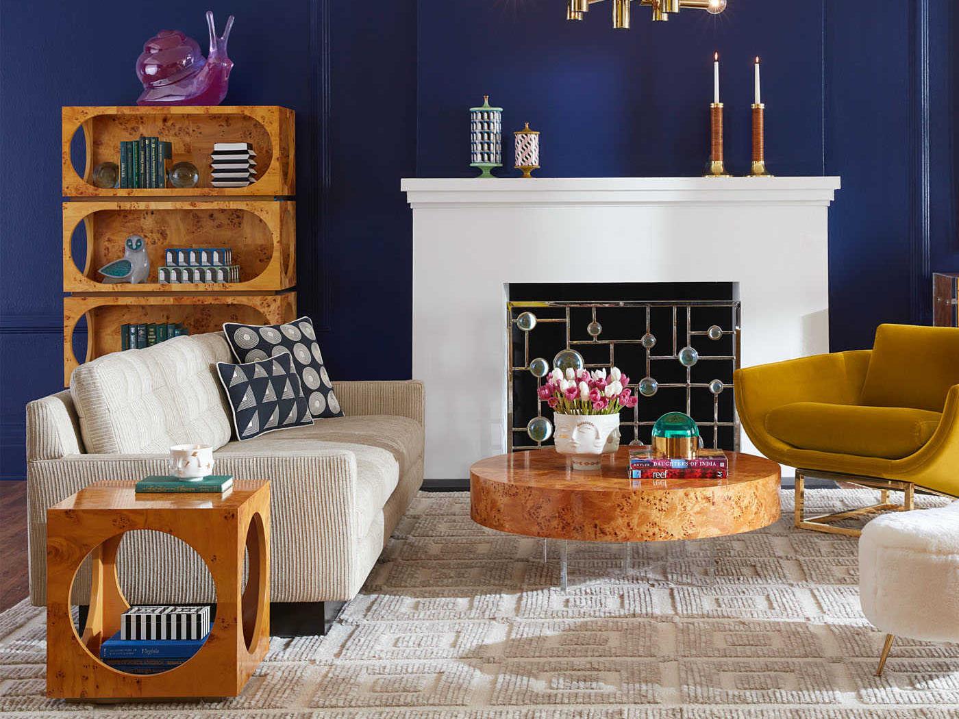 Jonathan Adler Bond Cube Square Wood Natural Burled Mappa Antique Brass End Table