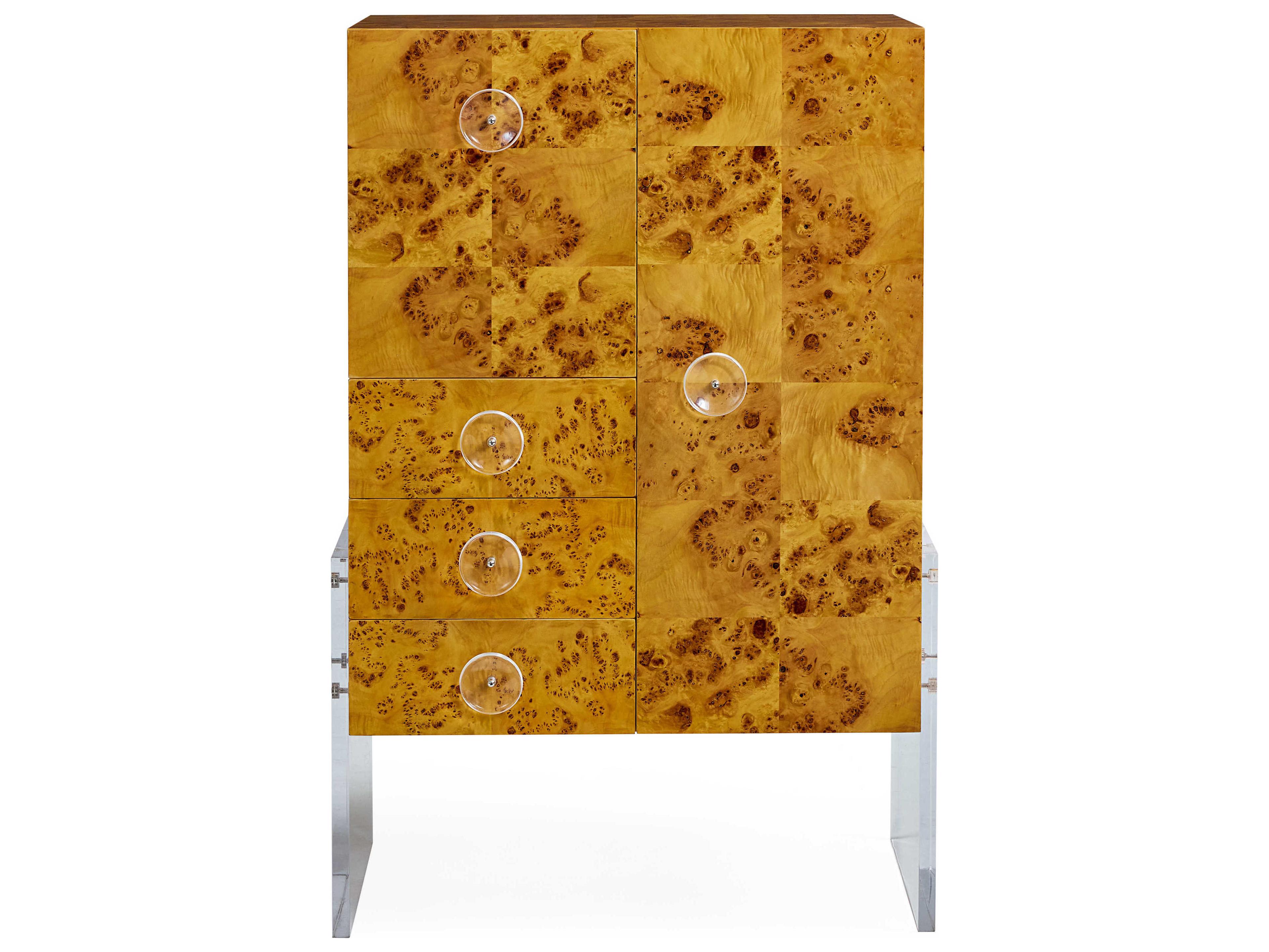 Jonathan Adler Bond Brown Natural Burled Mappa Clear Acrylic Bar Cabinet