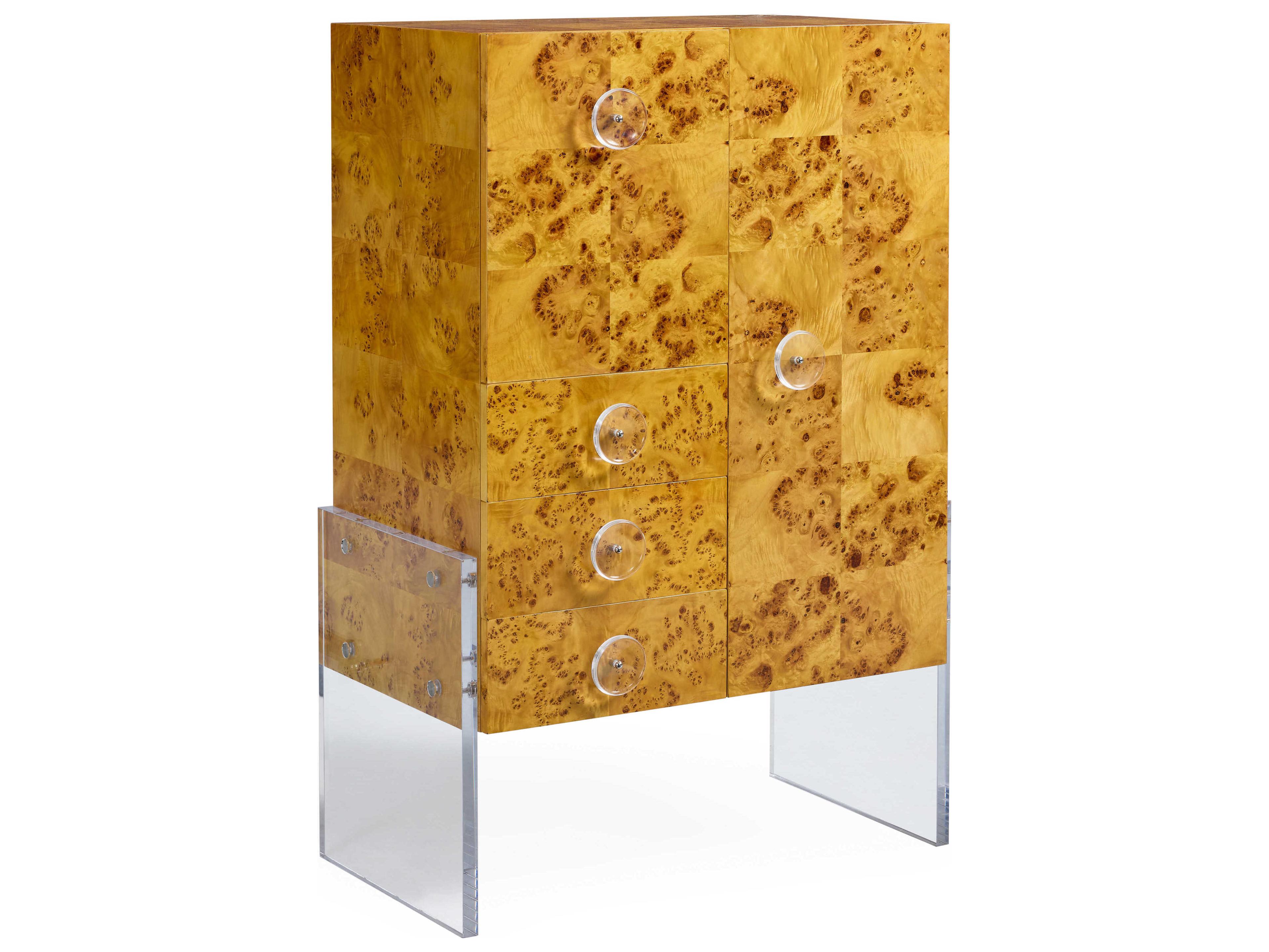 Jonathan Adler Bond Brown Natural Burled Mappa Clear Acrylic Bar Cabinet