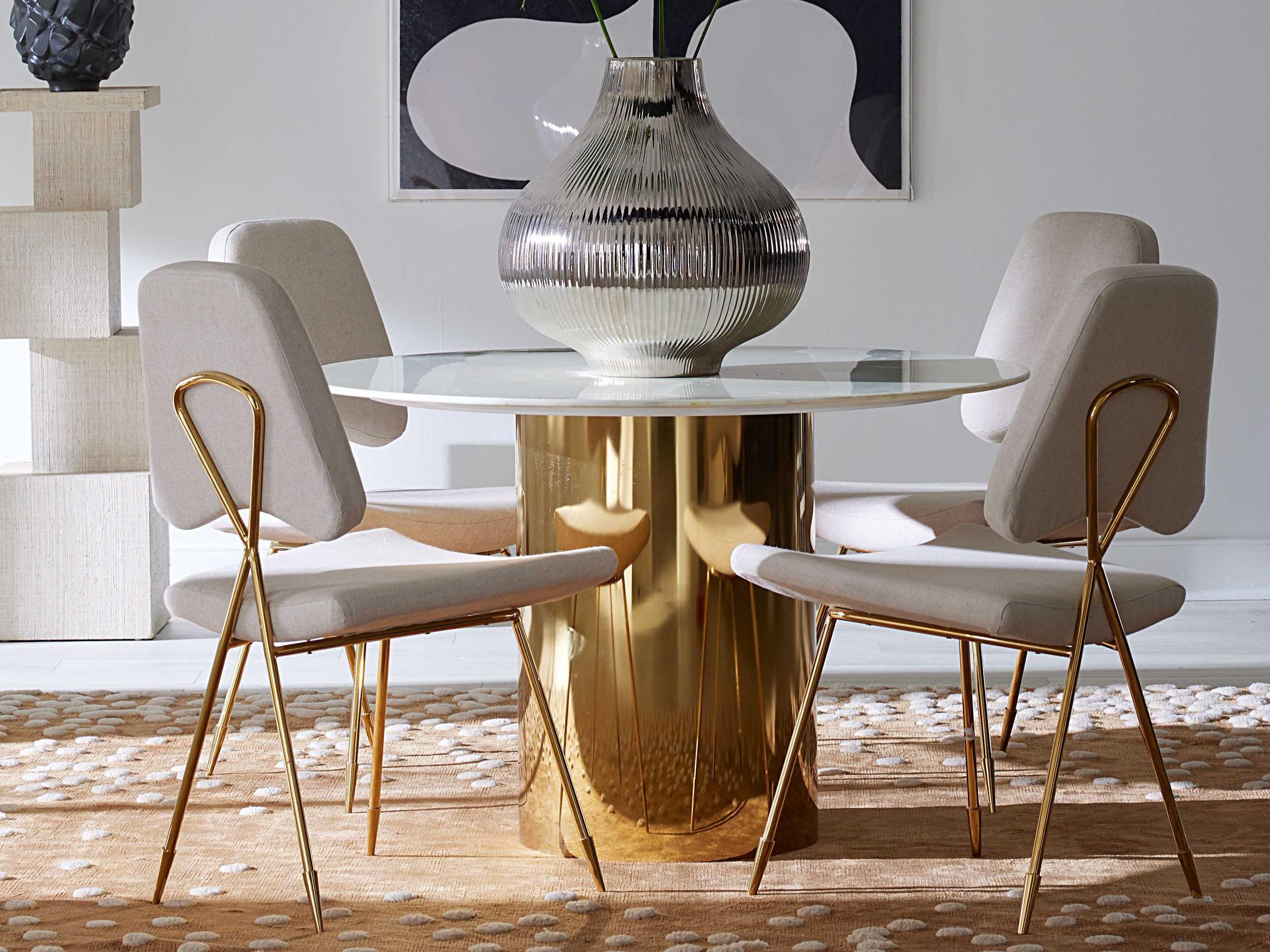 Jonathan Adler Alphaville Round Carrara Marble Honed Brass Dining Table