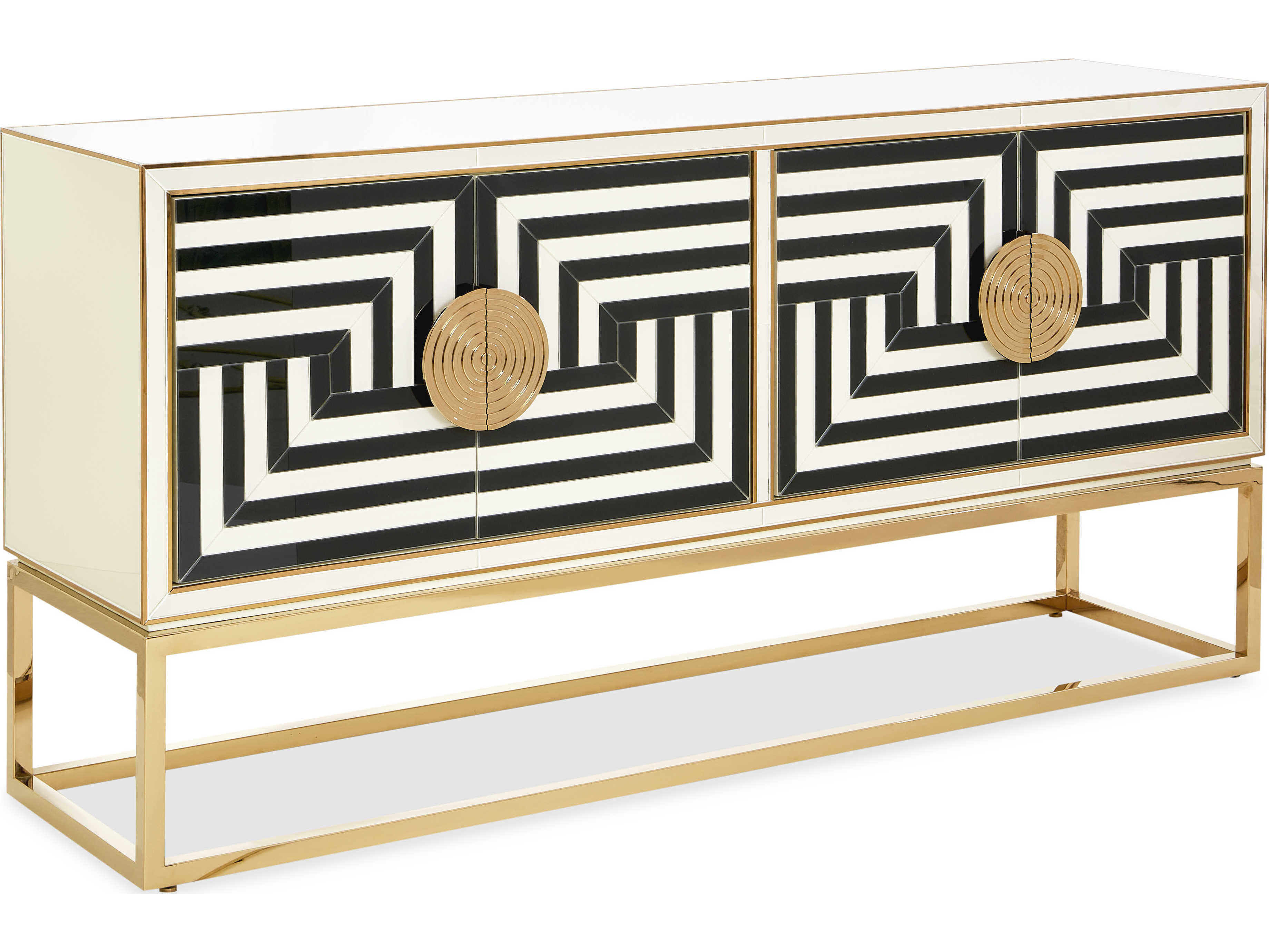Jonathan Adler Op Art 64" Charcoal & Ivory Polished Brass Credenza Sideboard