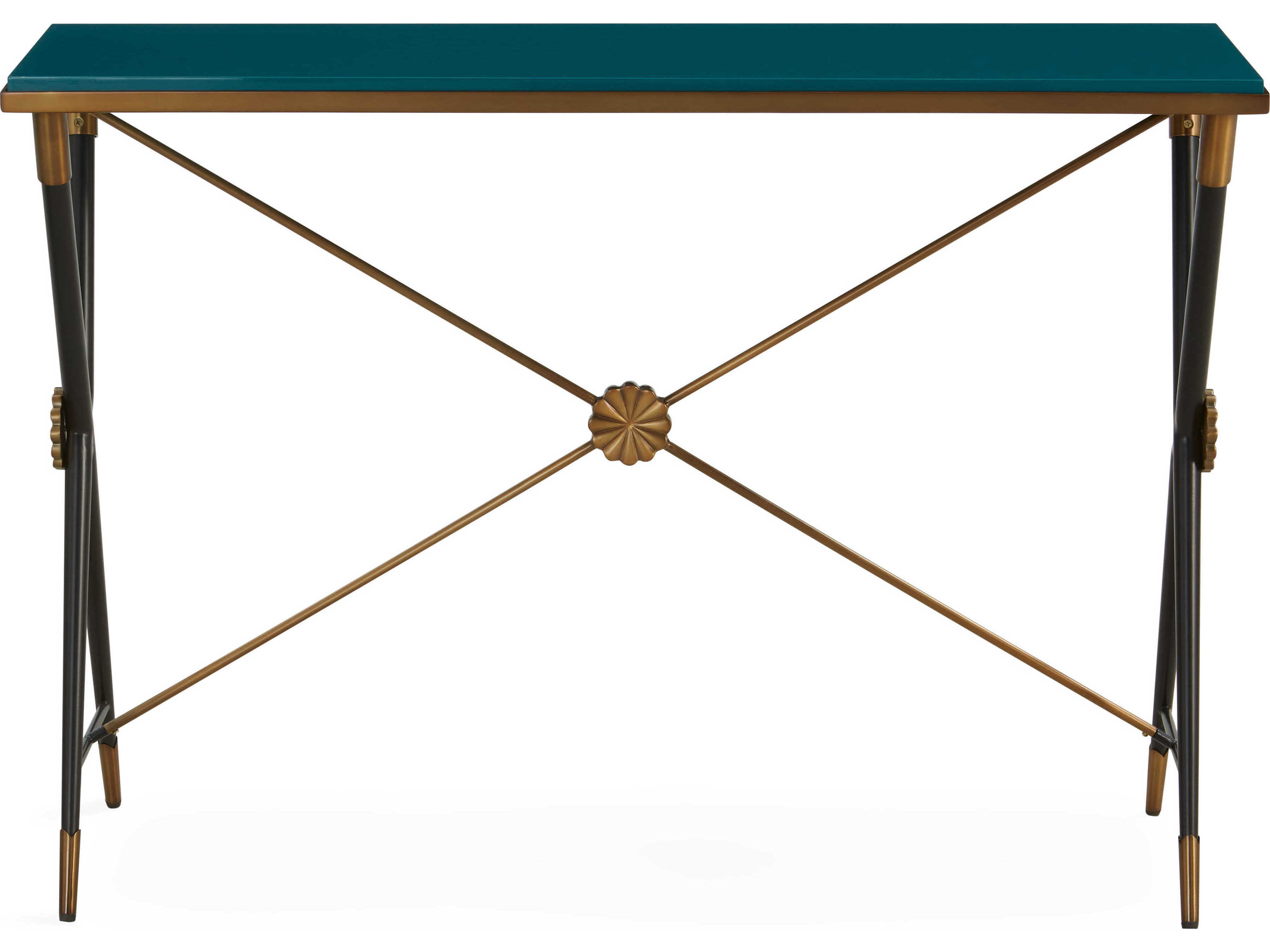 Jonathan Adler Rider Rectangular Glossy Teal Black Antiqued Brass Console Table