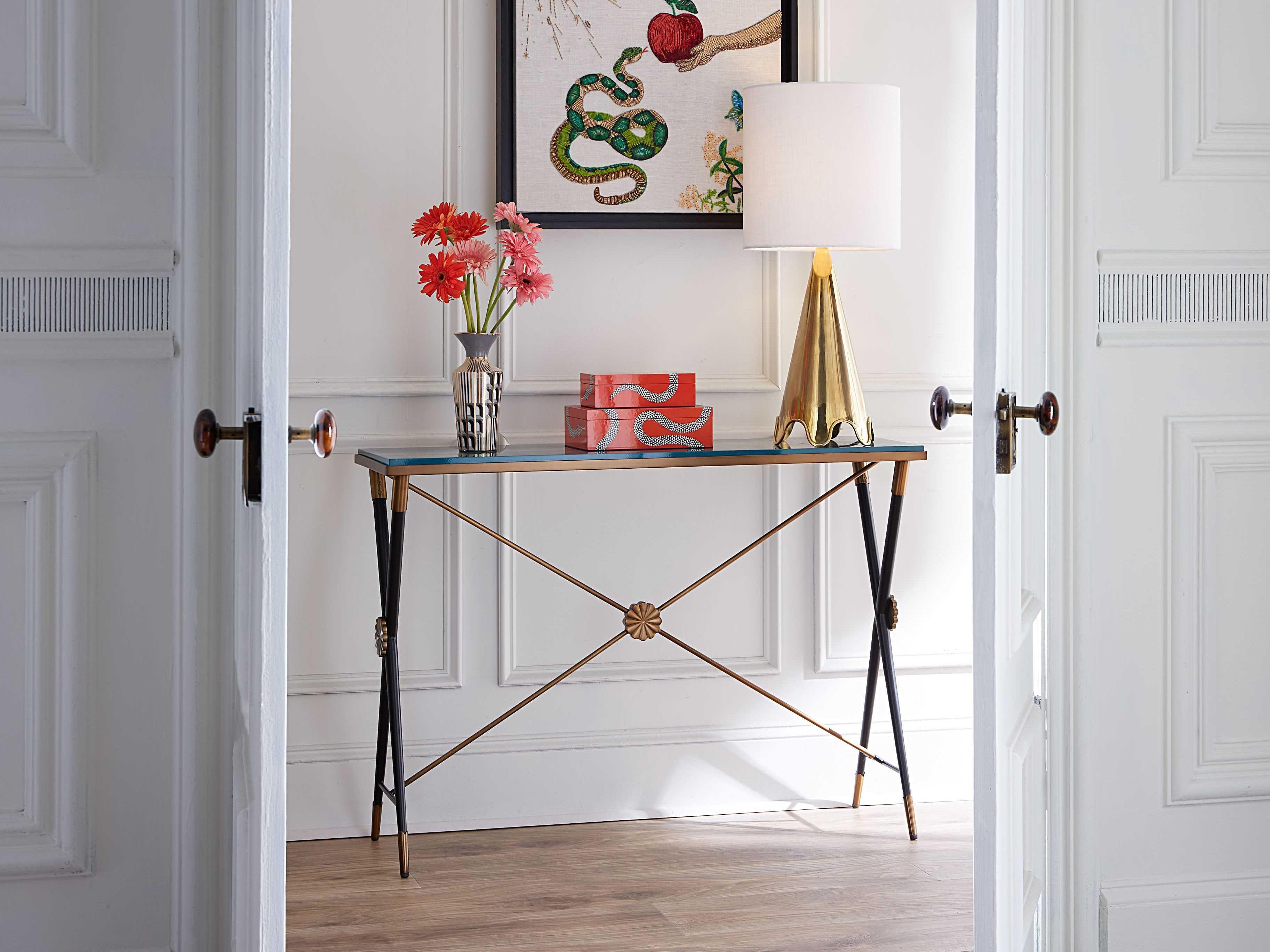 Jonathan Adler Rider Rectangular Glossy Teal Black Antiqued Brass Console Table