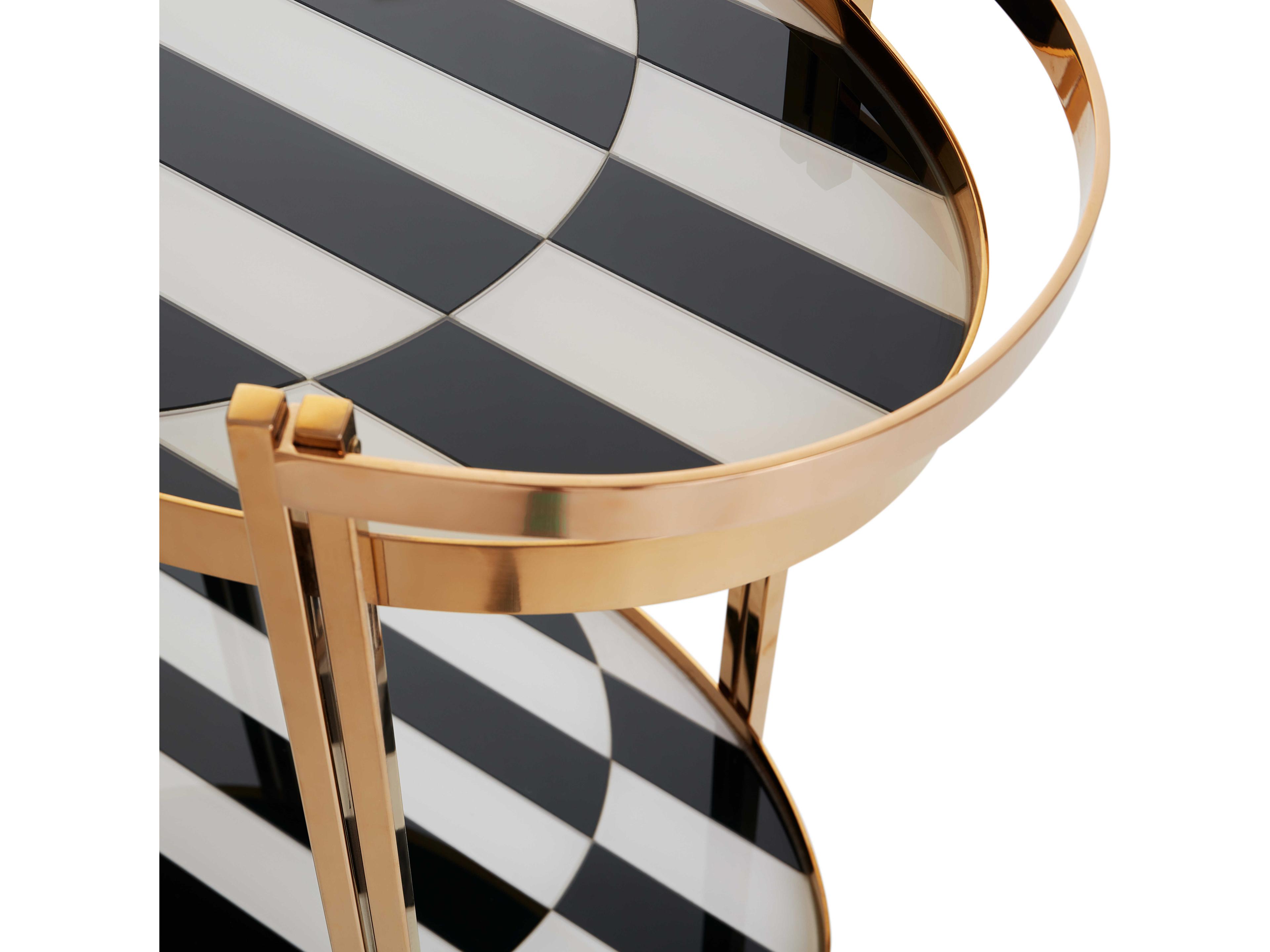 Jonathan Adler Op Art Wood Charcoal Ivory Polished Brass Bar Cart