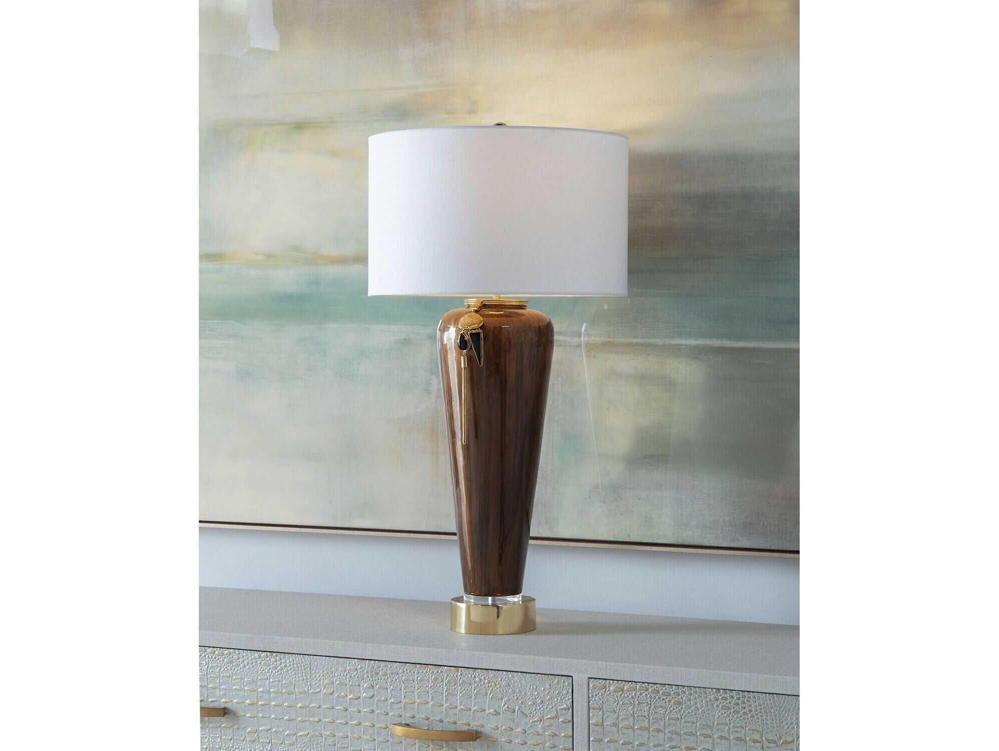 John Richard Margaret Fisher Lagniappe Gold Brown White Linen Glass Buffet Lamp