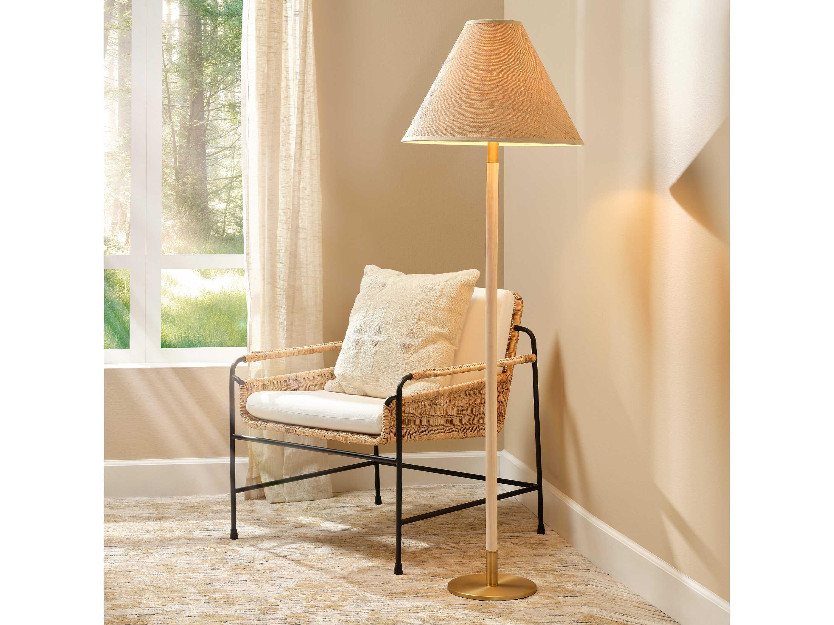 Jamie Young Morgana Antique Brass Natural Raffia Cone Shade Floor Lamp