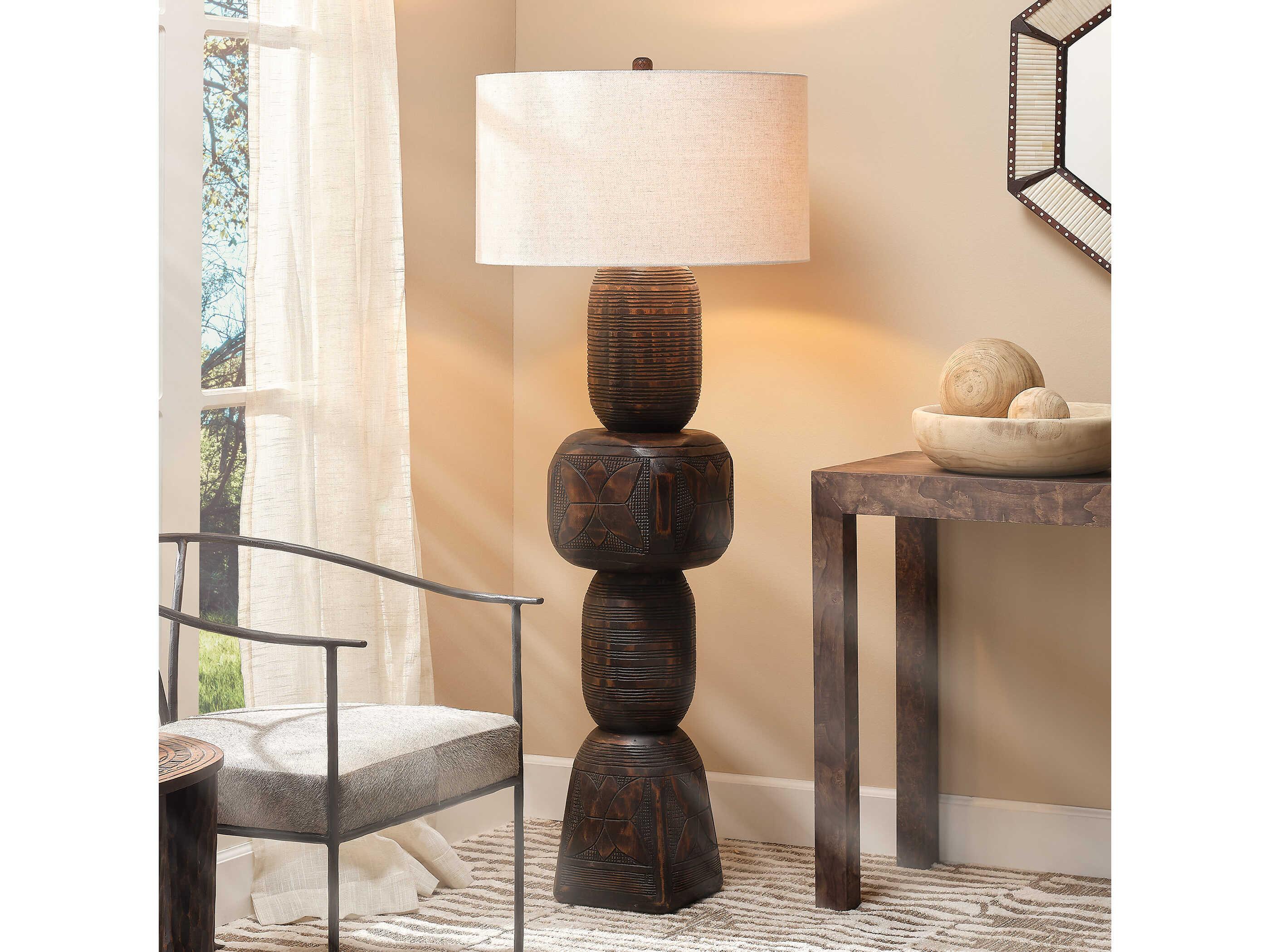 Jamie Young Totem Dark Black Light Natural Polyester Linen Drum Shade Floor Lamp