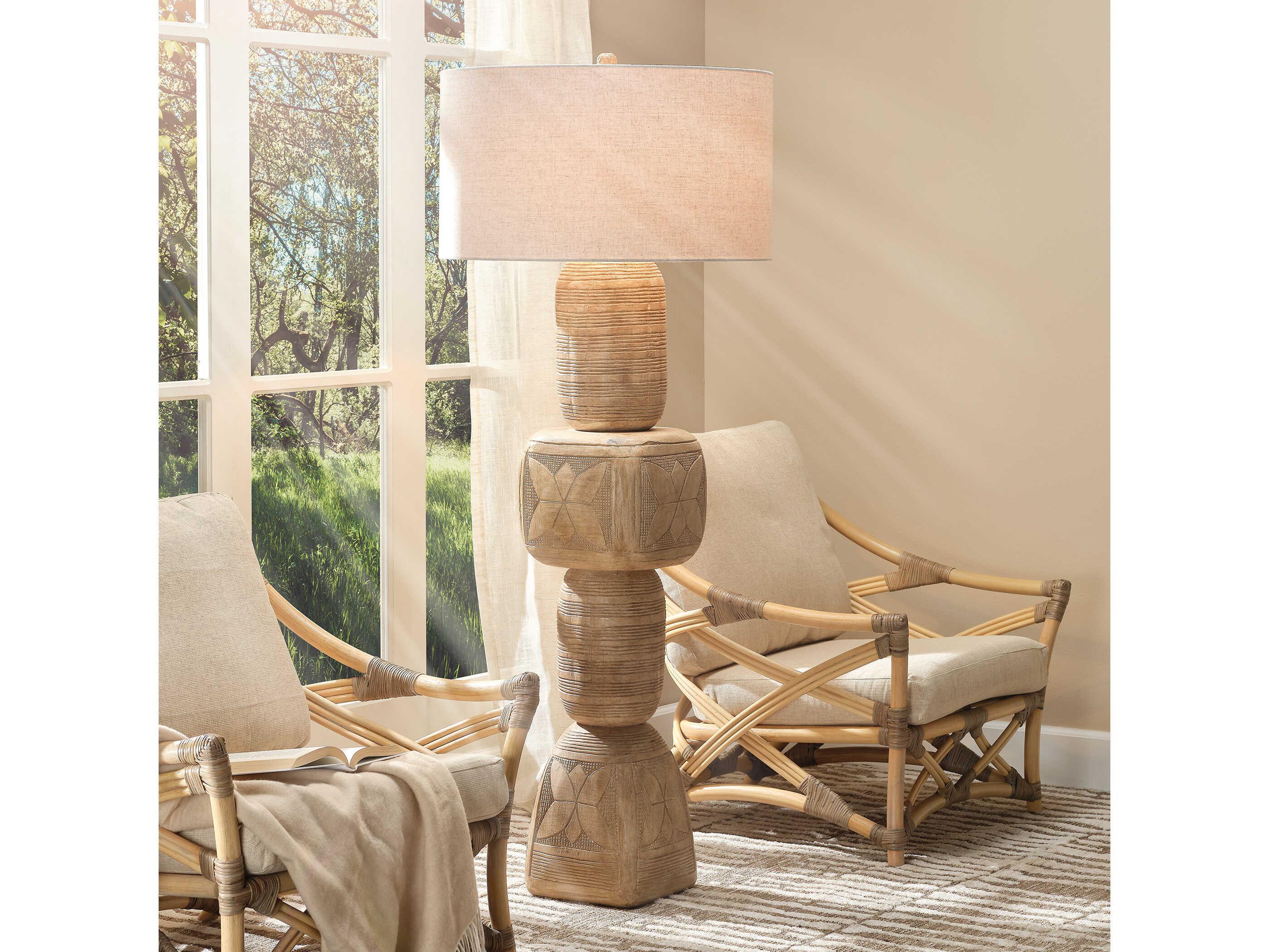 Jamie Young Totem Bleached Light Natural Polyester Linen Drum Shade Brown Floor Lamp