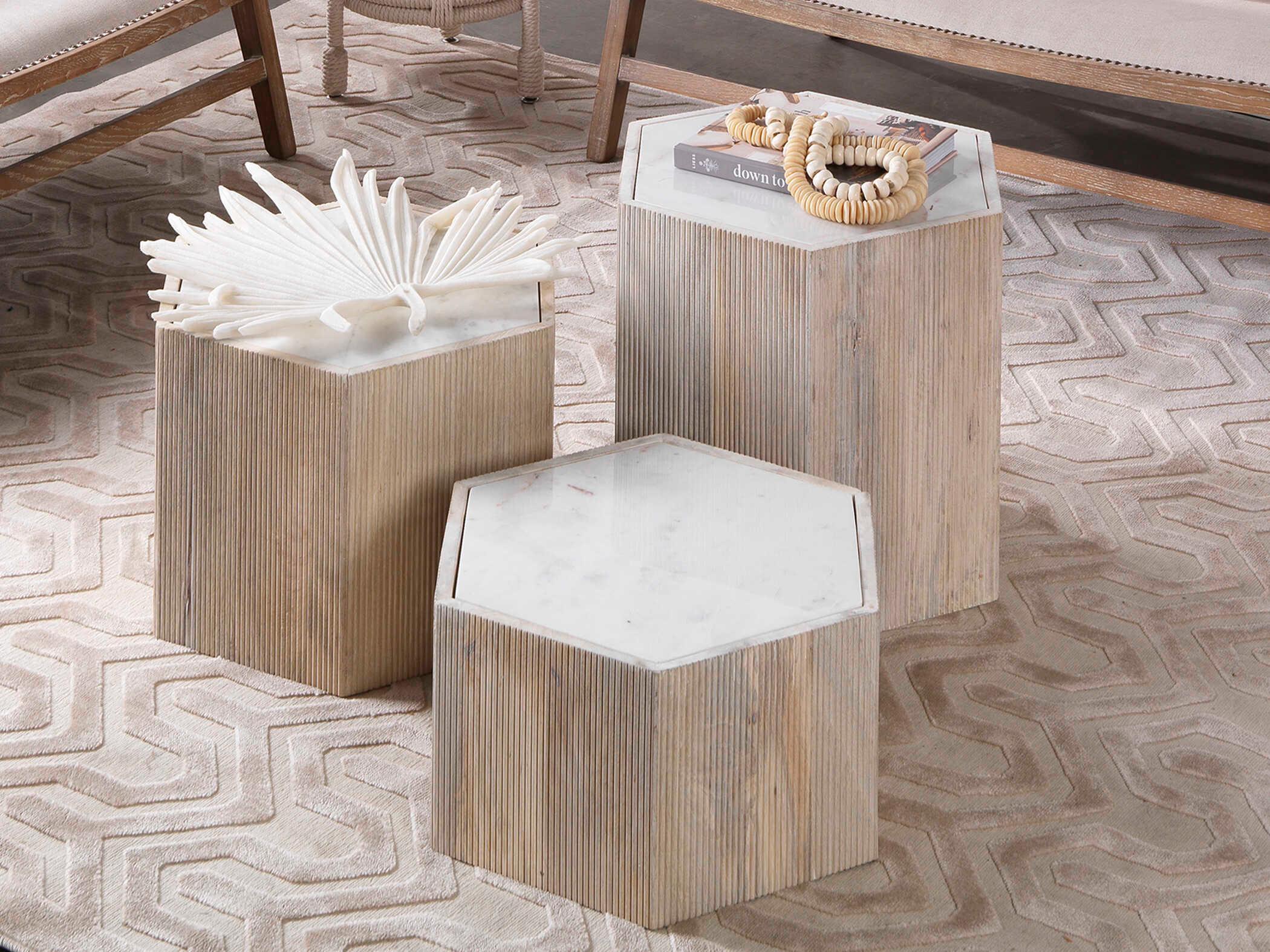 Jamie Young Argan Hexagon Natural Wood White Marble End Table
