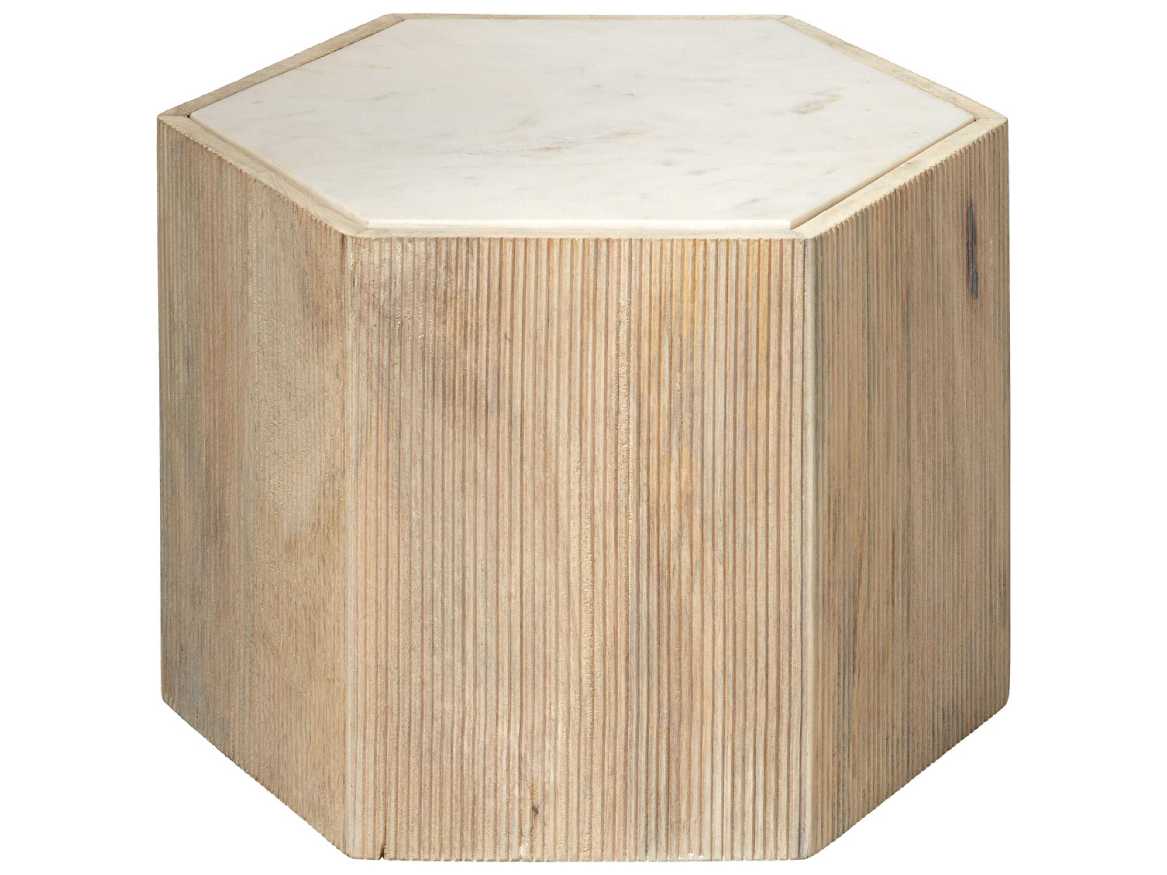 Jamie Young Argan Hexagon Natural Wood White Marble End Table