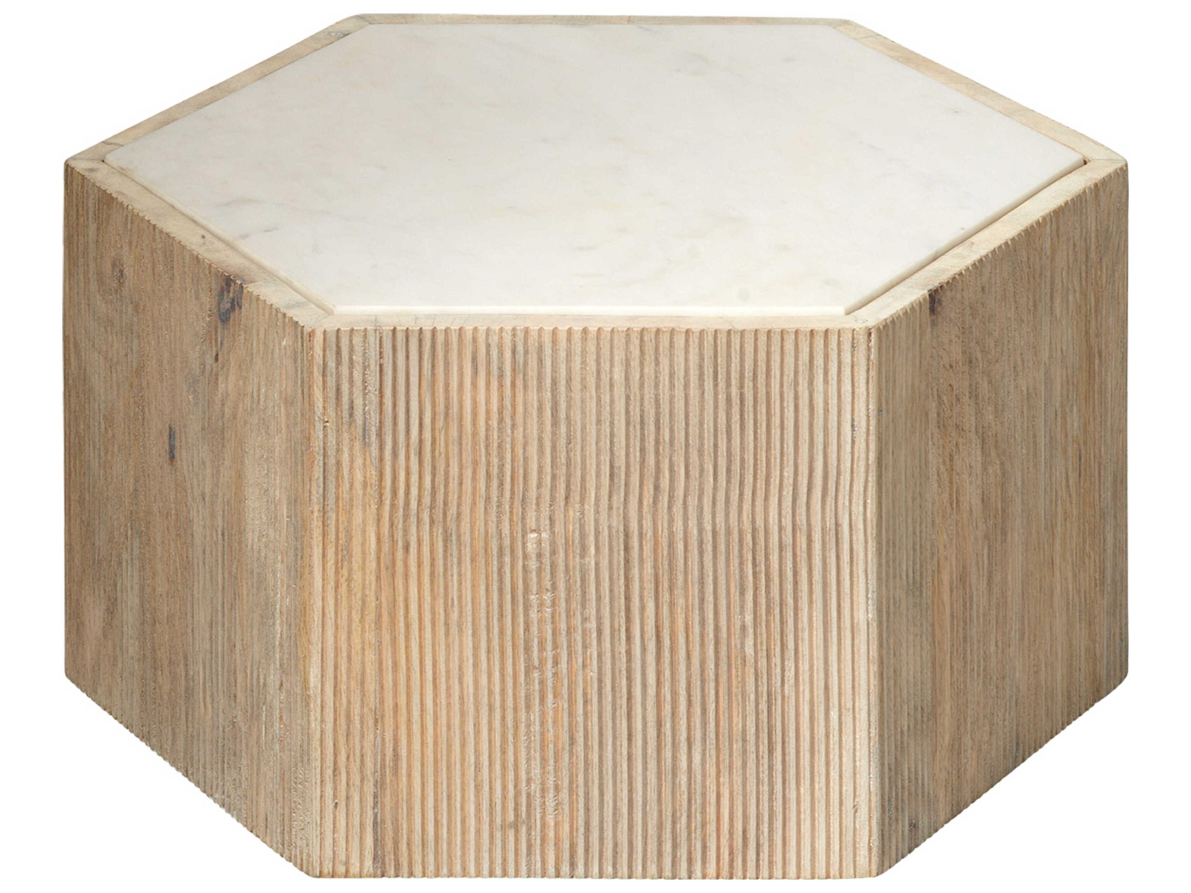 Jamie Young Argan Hexagon Natural Wood White Marble Coffee Table