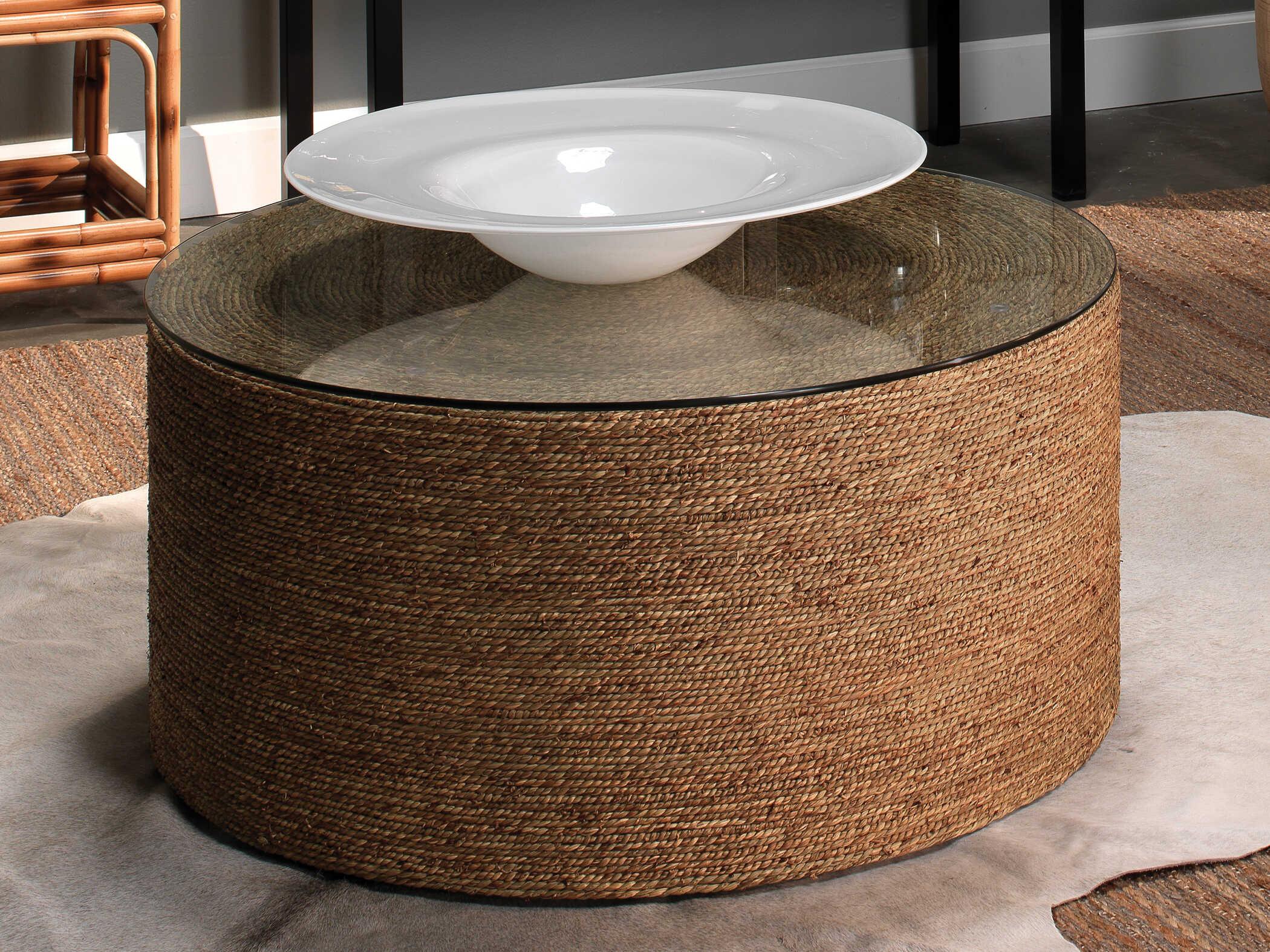 Jamie Young Harbor Round Glass Natural Seagrass Coffee Table