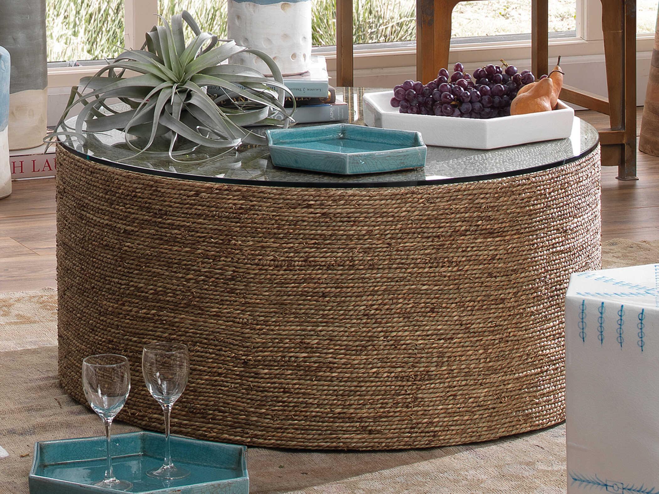 Jamie Young Harbor Round Glass Natural Seagrass Coffee Table