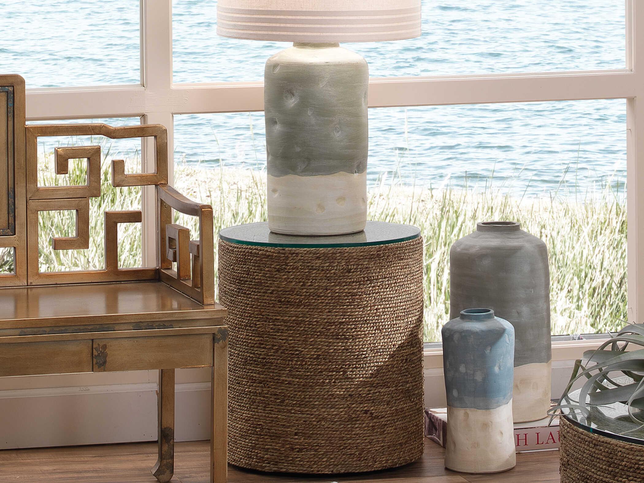 Jamie Young Harbor Round Glass Natural Seagrass End Table
