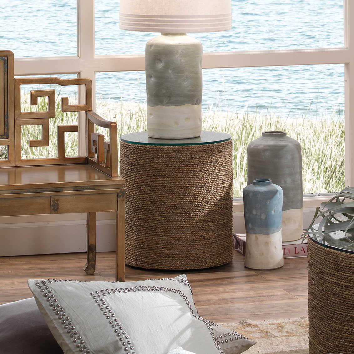 Jamie Young Harbor Round Glass Natural Seagrass End Table