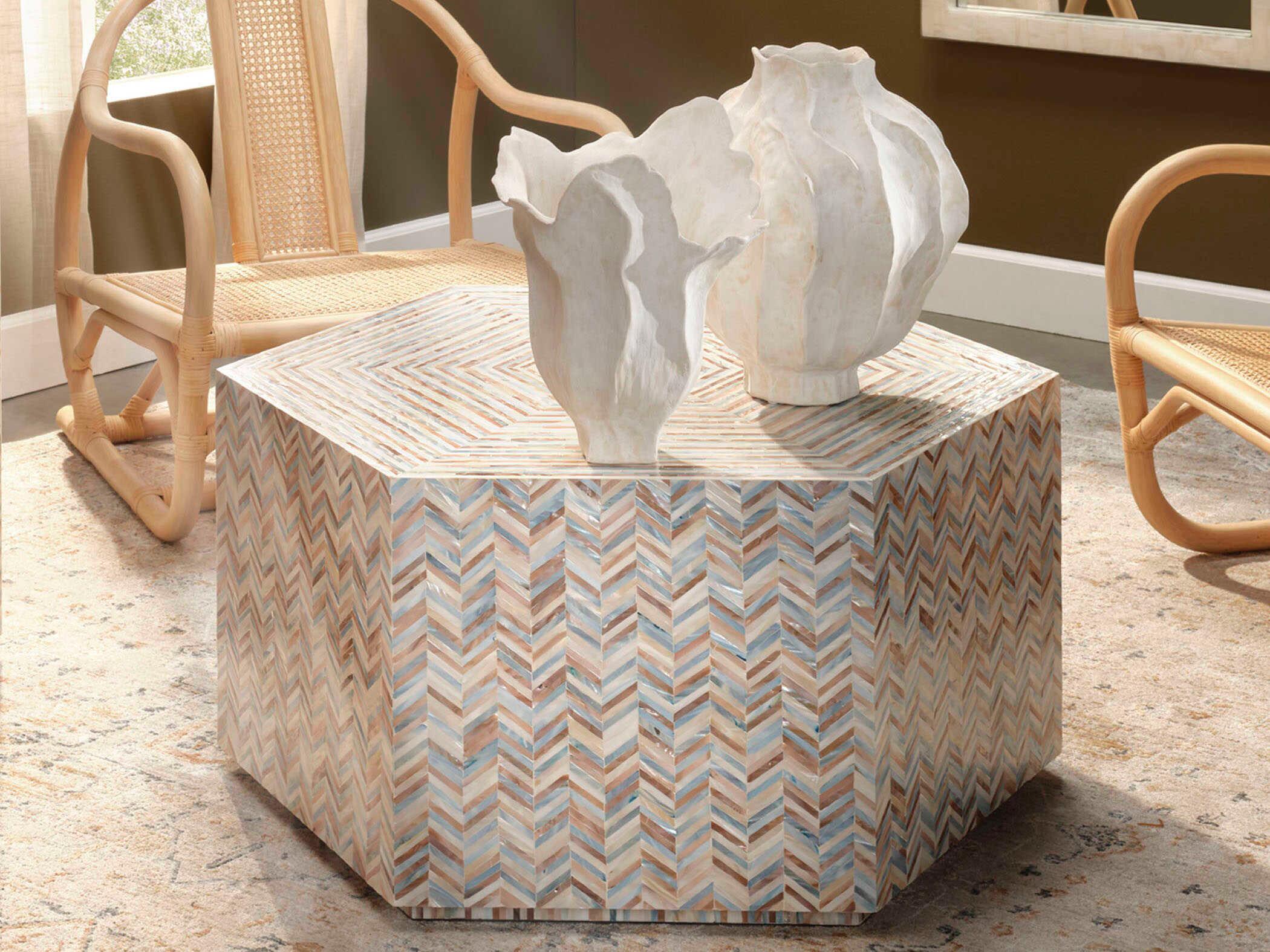 Jamie Young Hepburn 36" Hexagon Mother of Pearl Grey Coffee Table