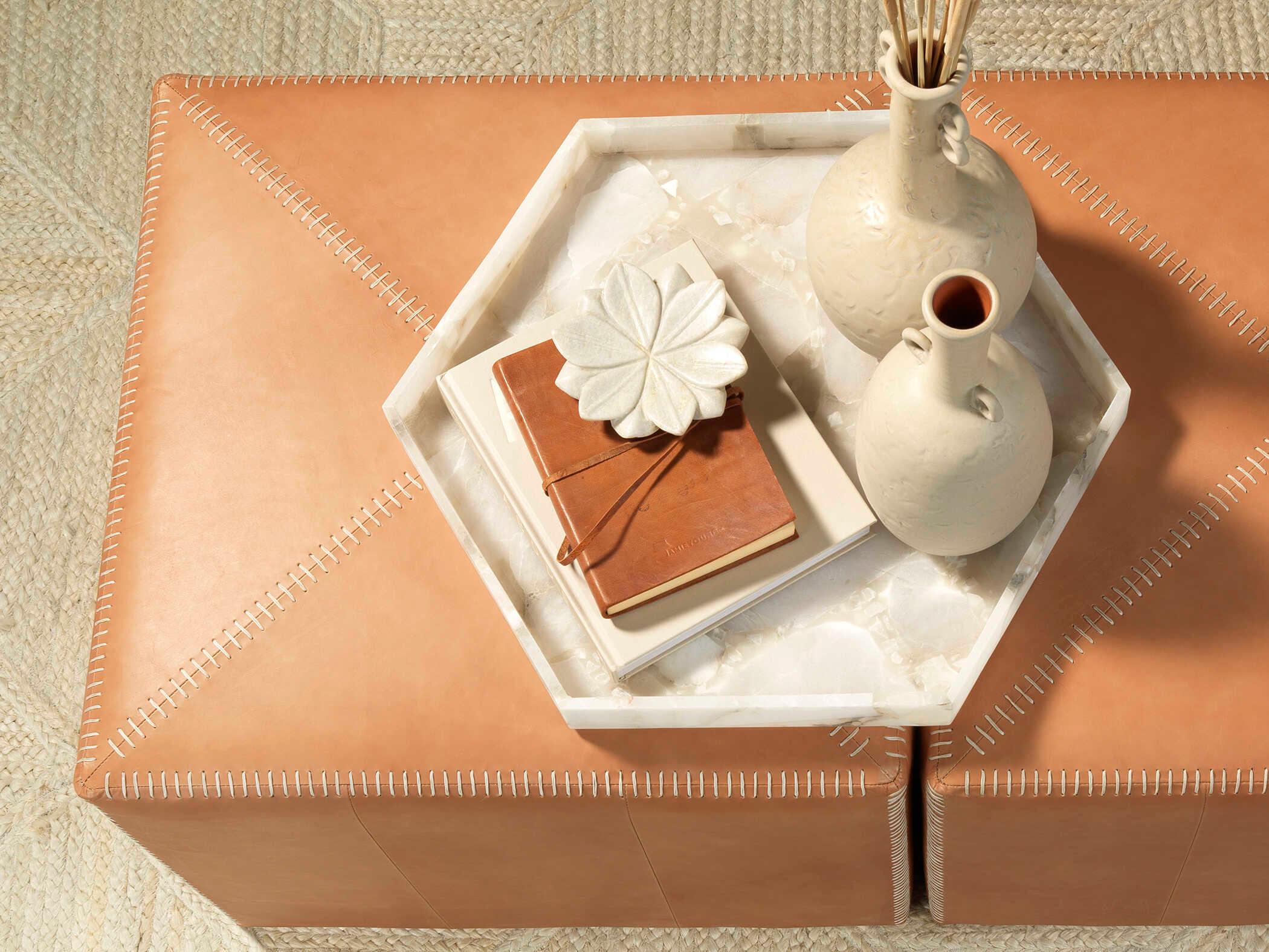 Jamie Young Buff Leather Tan Upholstered Ottoman