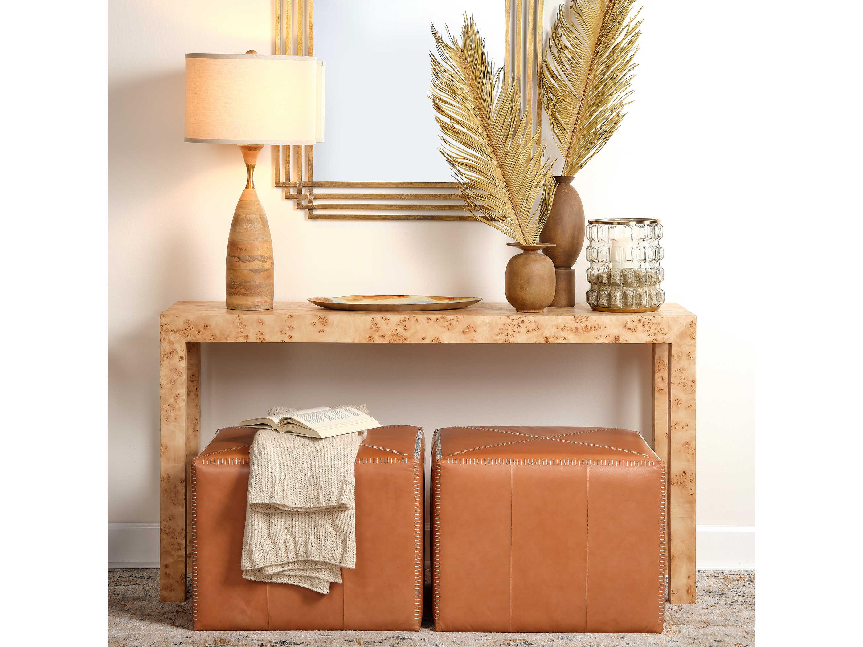 Jamie Young Buff Leather Tan Upholstered Ottoman