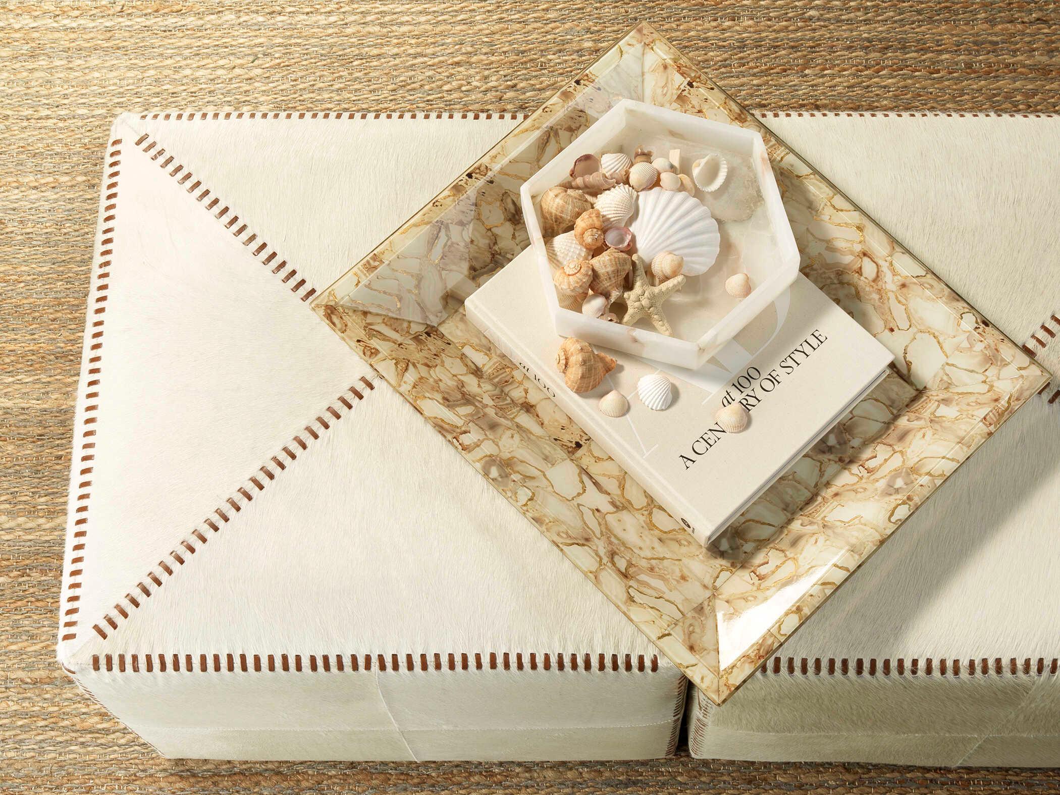 Jamie Young Hide White Cream Leather Ottoman