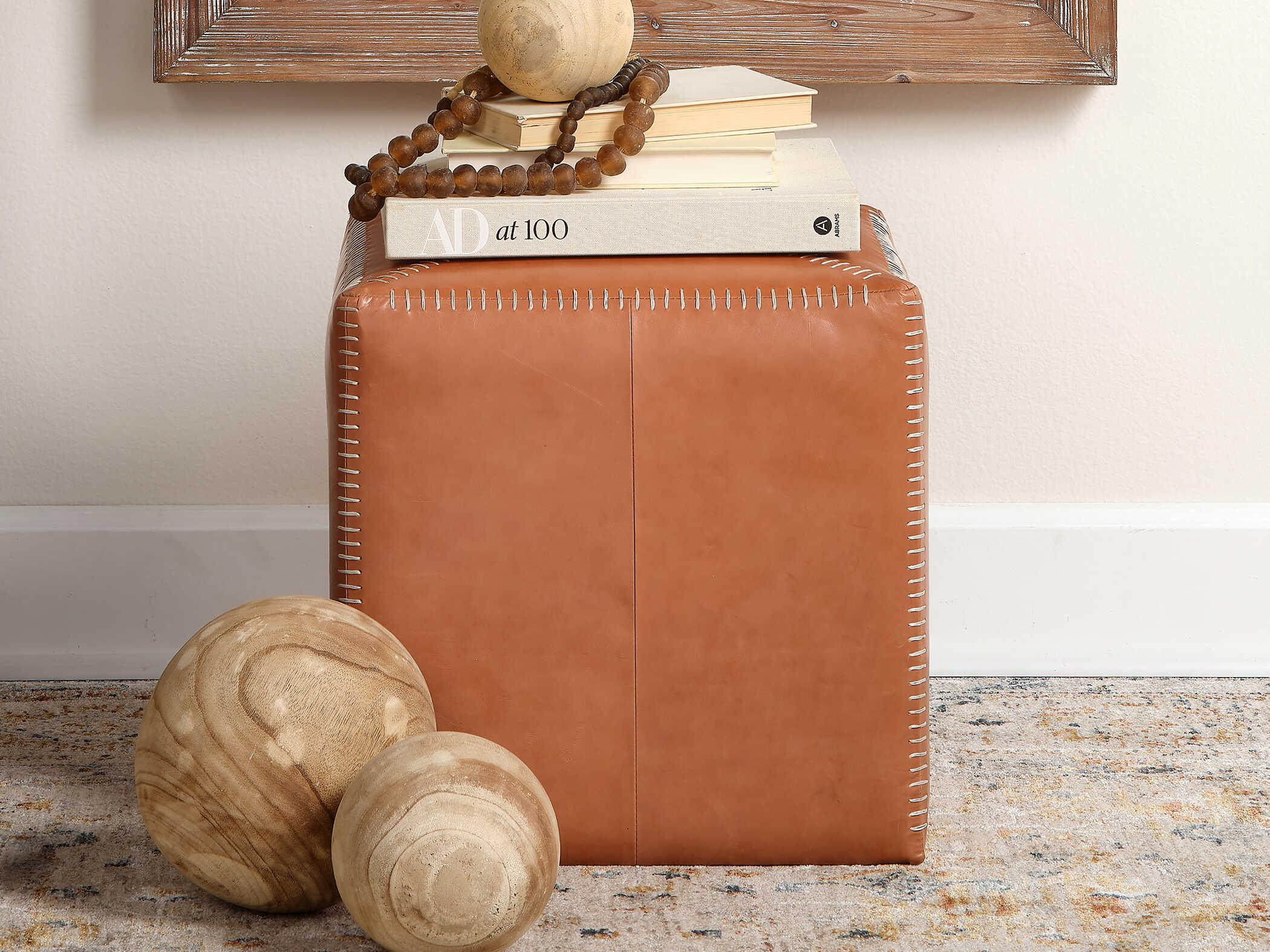 Jamie Young Buff Leather Tan Upholstered Ottoman