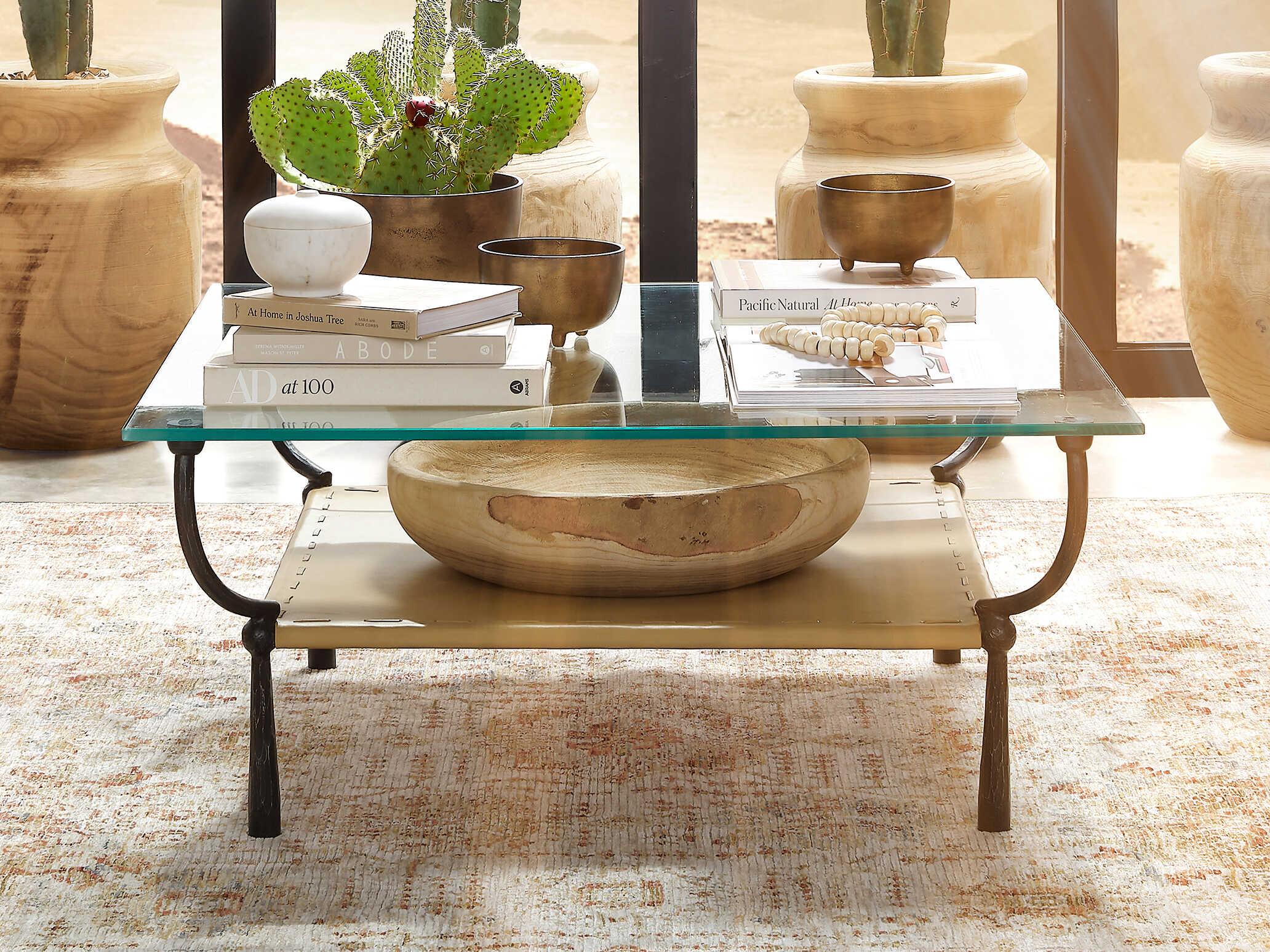 Jamie Young Renzo Square Glass Black Cashew Leather Coffee Table