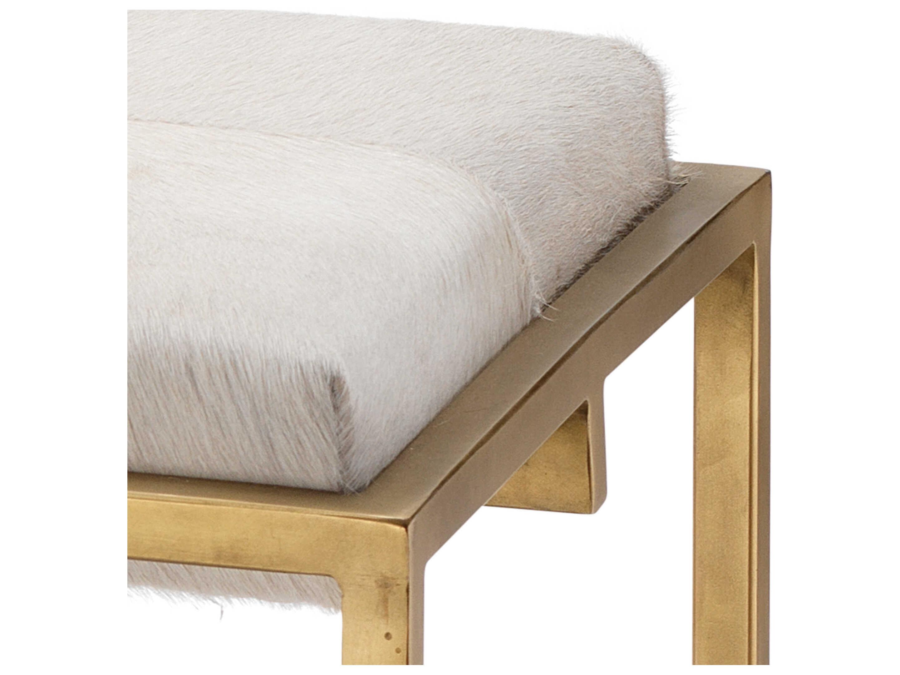 Jamie Young Shelby White Hide Antique Brass Metal Gold Leather Accent Bench