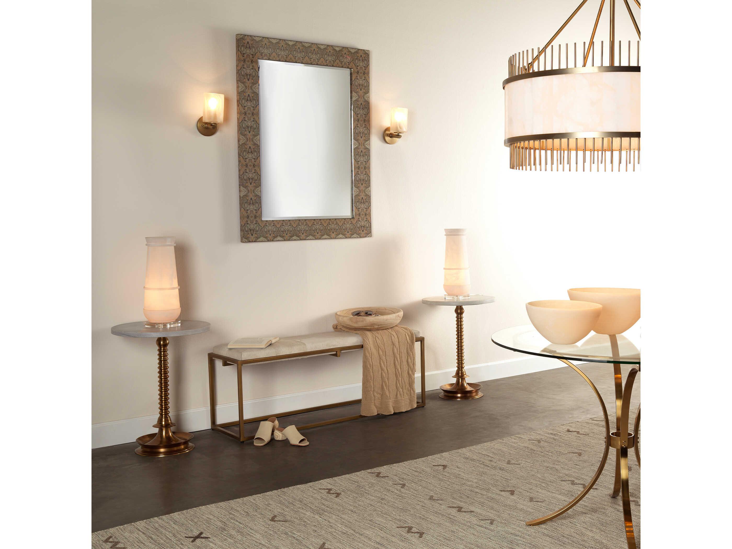 Jamie Young Shelby White Hide Antique Brass Metal Gold Leather Accent Bench