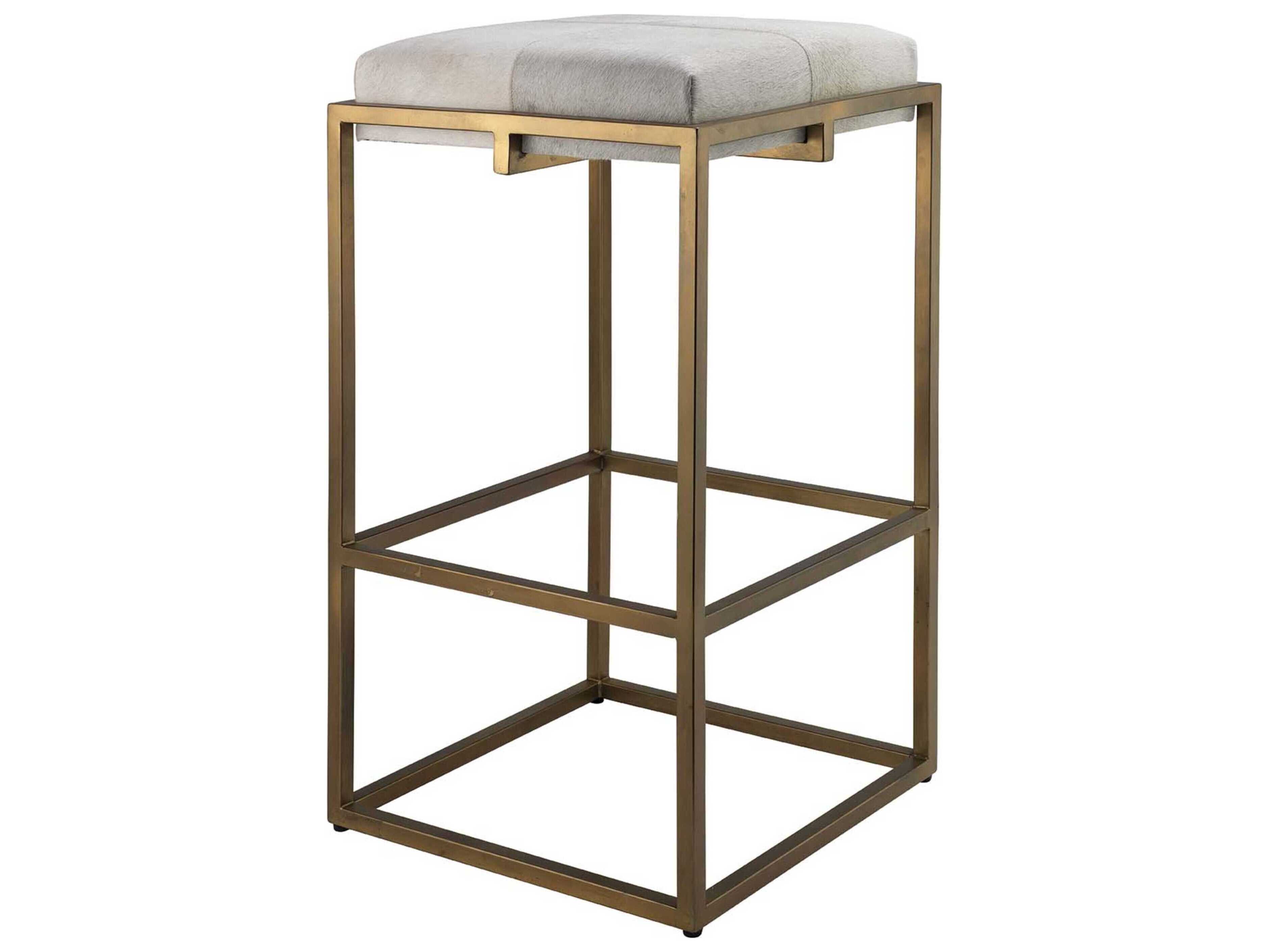 Jamie Young Shelby Leather White Hide Antique Brass Bar Stool