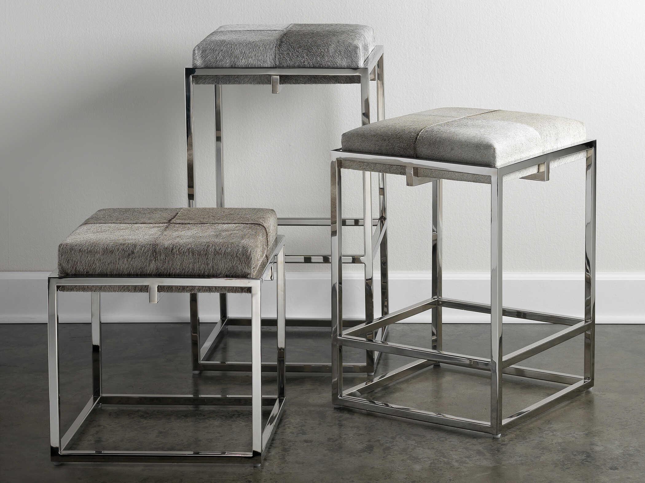Jamie Young Shelby Leather Grey Hide Nickel Metal Counter Stool