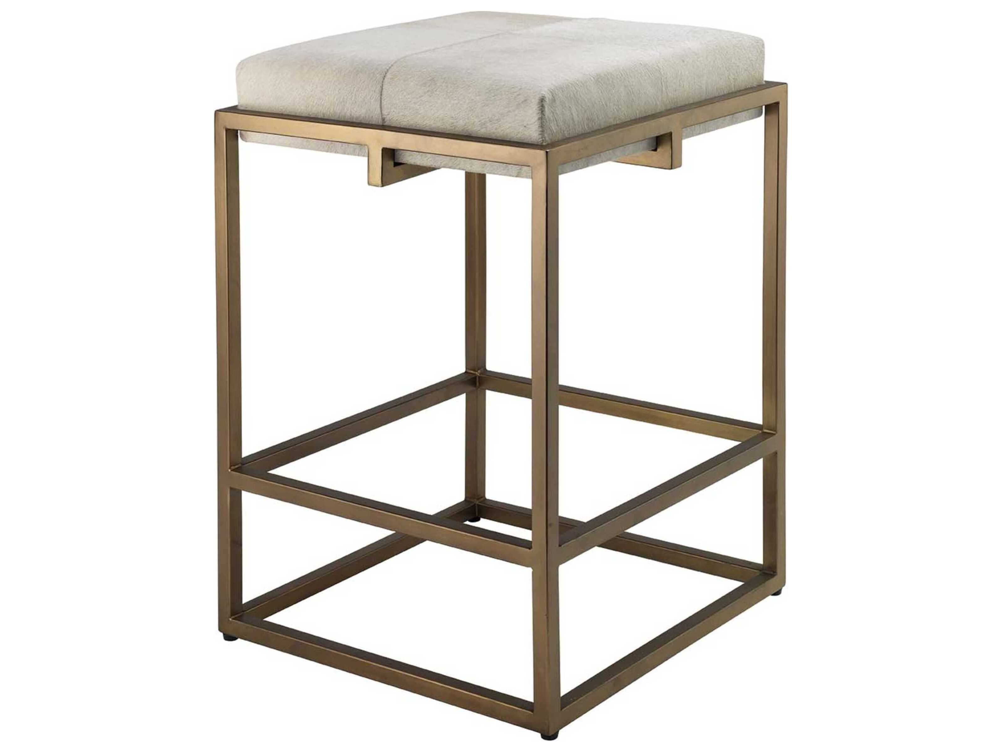 Jamie Young Shelby Leather White Hide Antique Brass Counter Stool