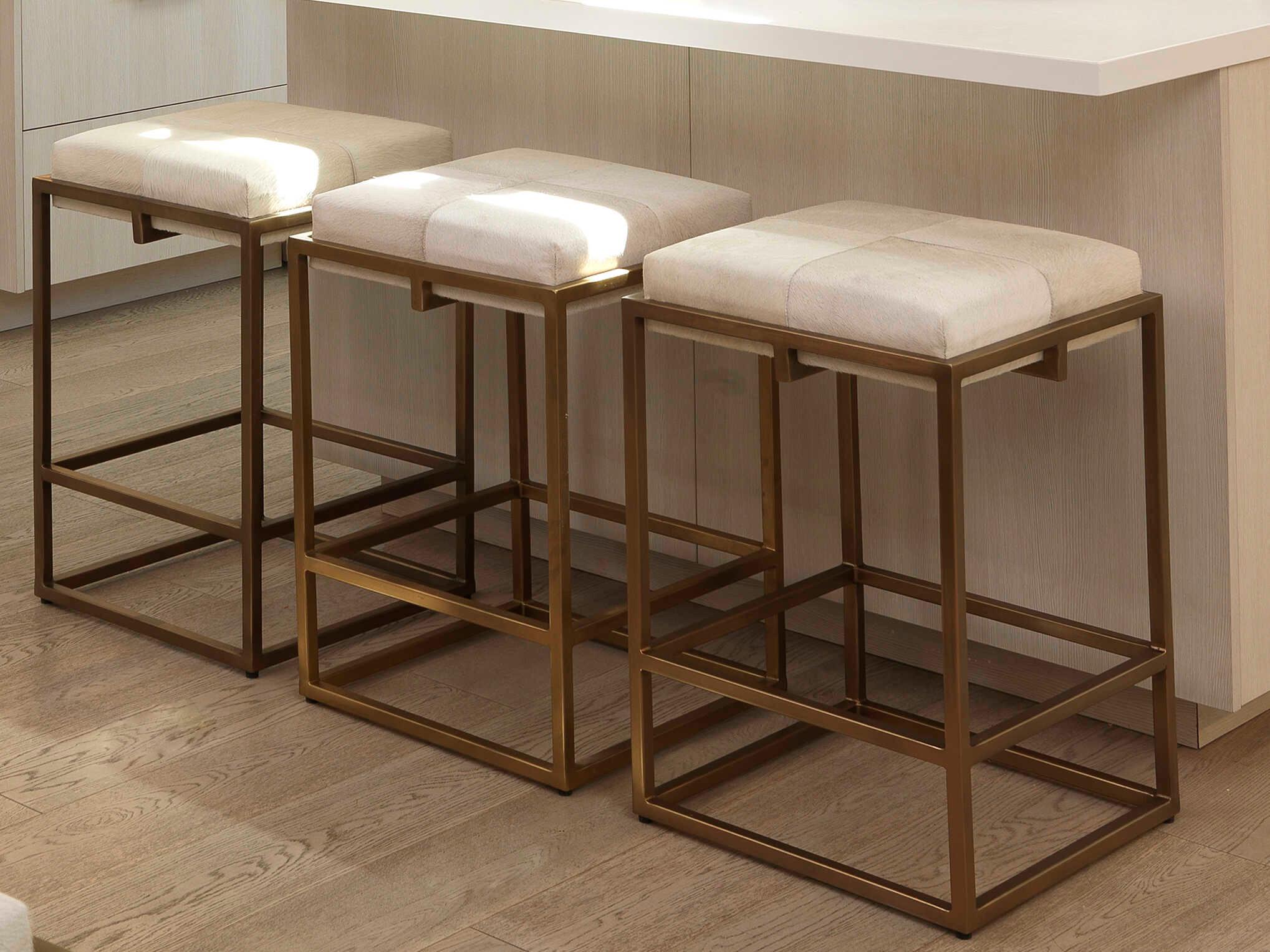 Jamie Young Shelby Leather White Hide Antique Brass Counter Stool